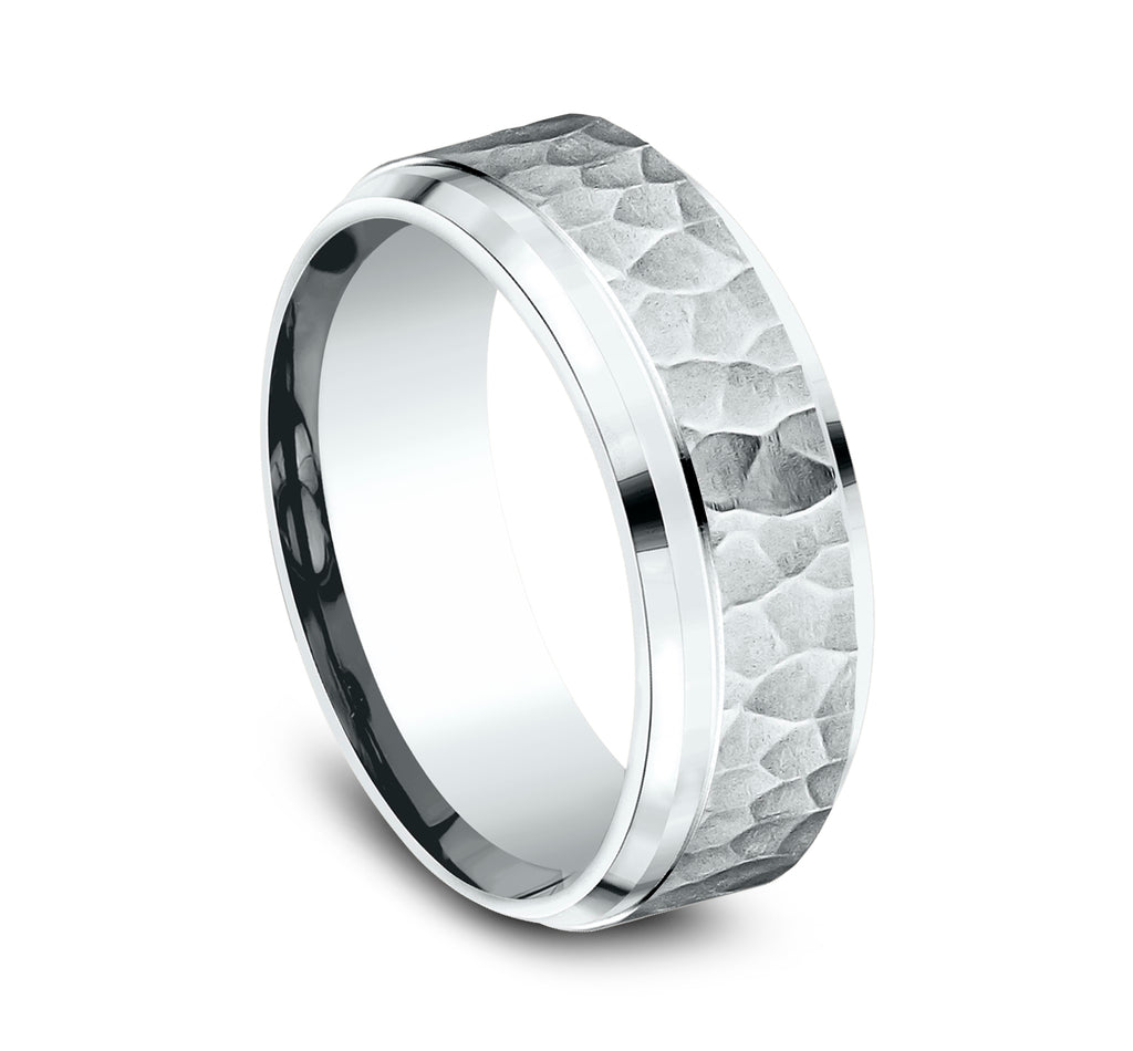 THE CAMINO 8mm, Comfort fit, 14K White Gold, Hammered center, polished bevel edges