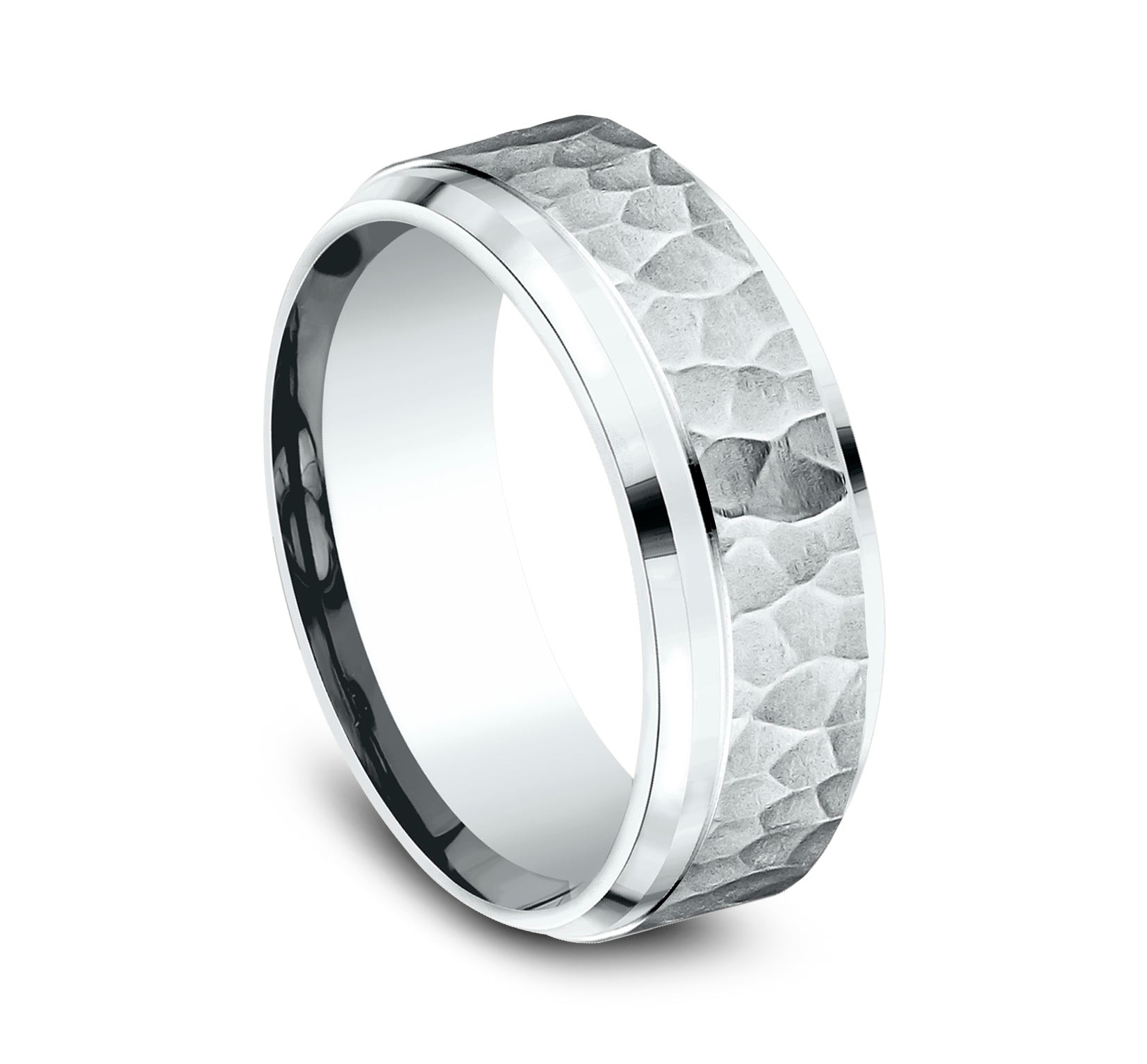 THE CAMINO 8mm, Comfort fit, 14K White Gold, Hammered center, polished bevel edges