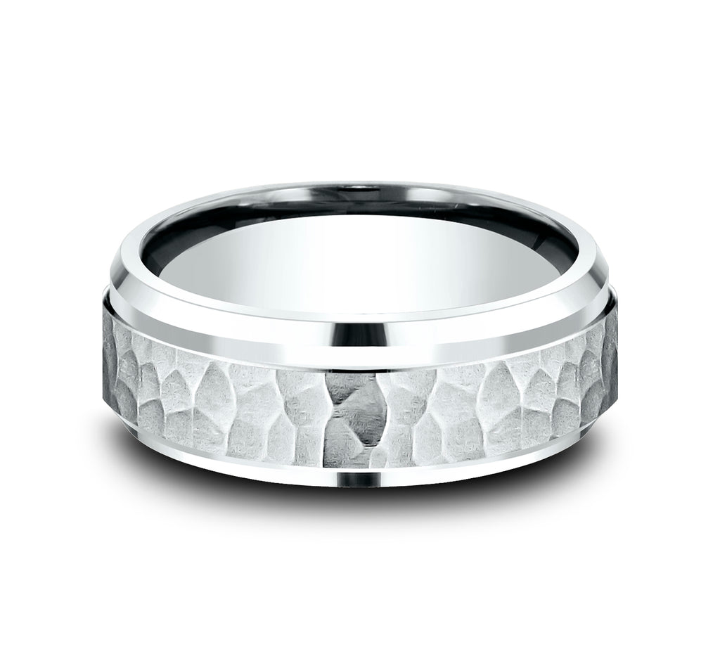 THE CAMINO 8mm, Comfort fit, 14K White Gold, Hammered center, polished bevel edges