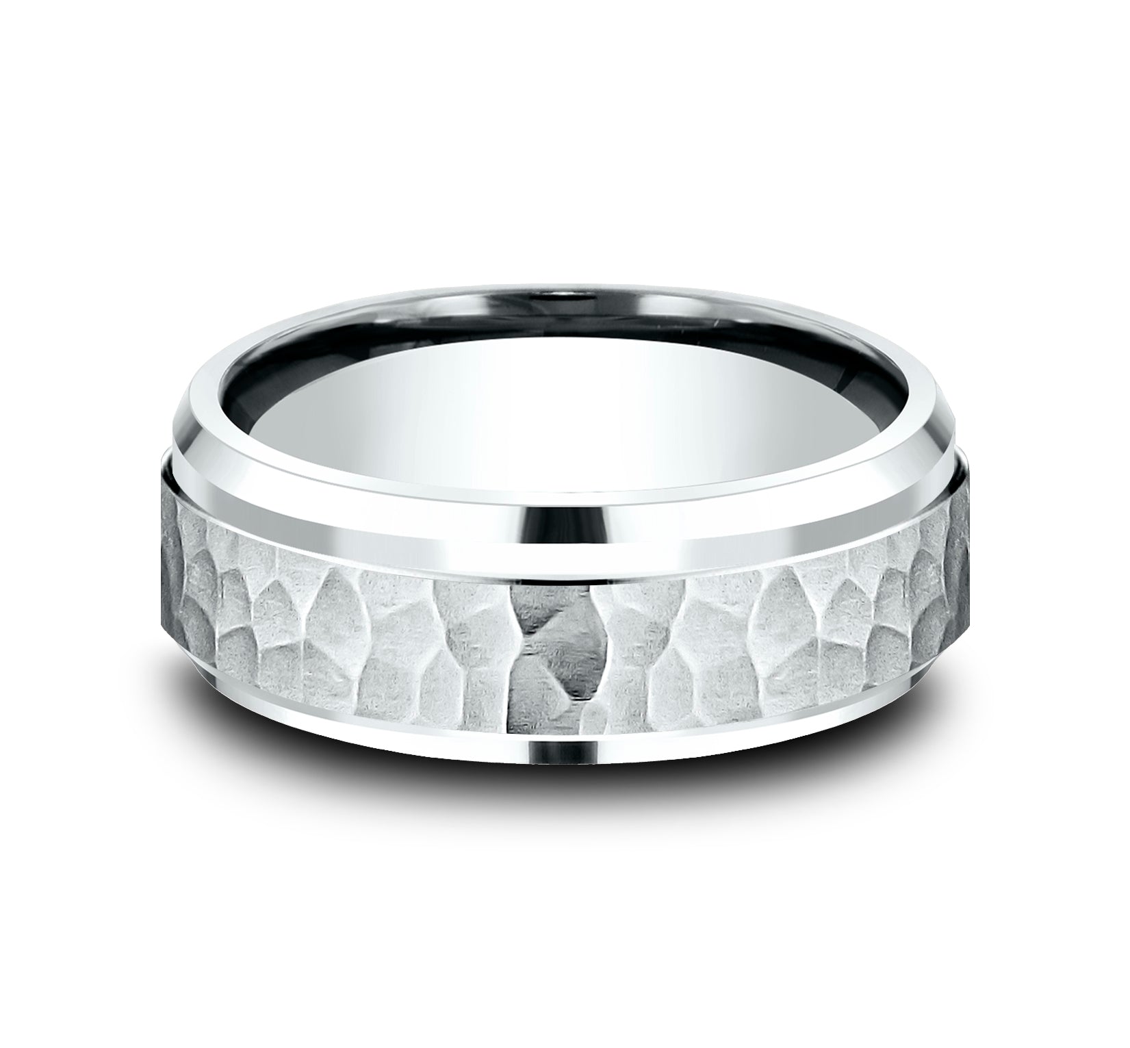 THE CAMINO 8mm, Comfort fit, 14K White Gold, Hammered center, polished bevel edges
