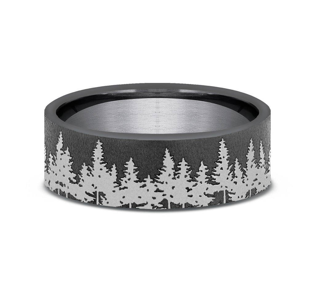 THE EVERGREEN 7mm, Comfort fit, Darkened Tantalum, Treeline scenic design