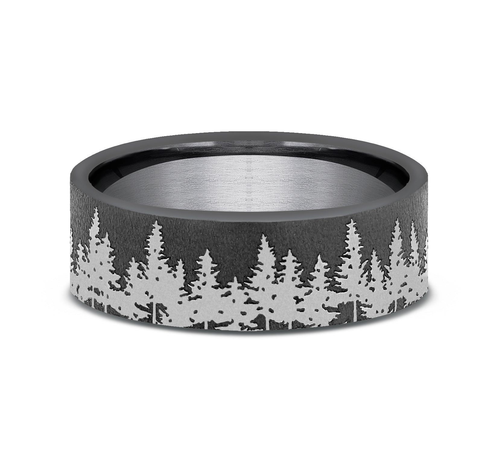 THE EVERGREEN 7mm, Comfort fit, Darkened Tantalum, Treeline scenic design