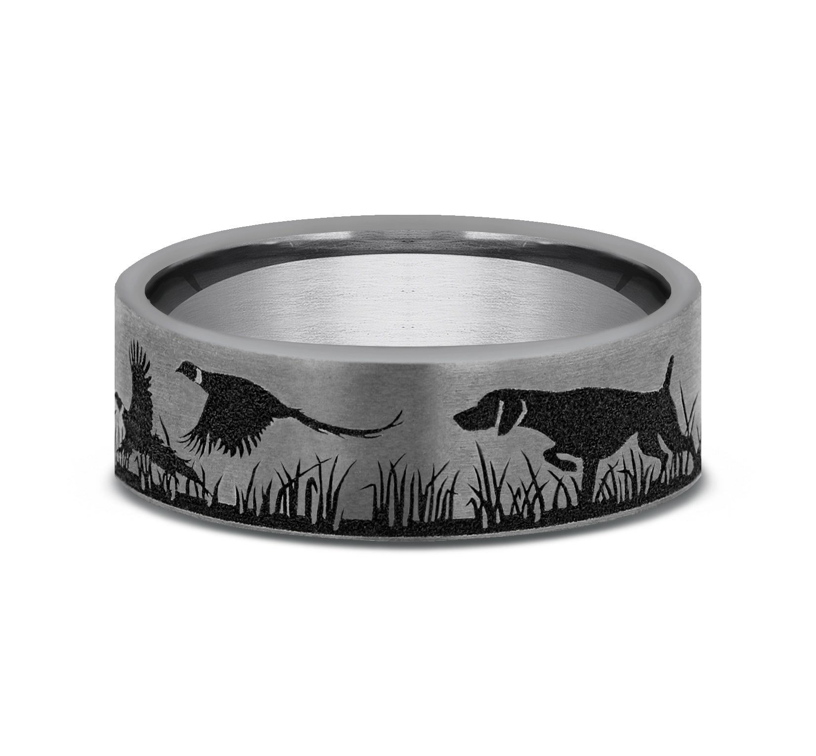 THE POINTER 7mm, Comfort fit, Grey Tantalum, Pointer and pheasant scenic design