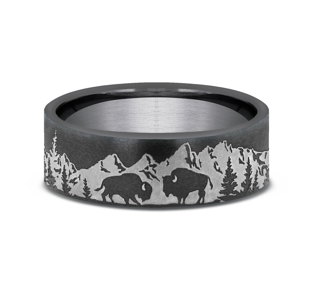 THE ROAMER 7mm, Comfort fit, Darkened Tantalum, Mountain scenic design