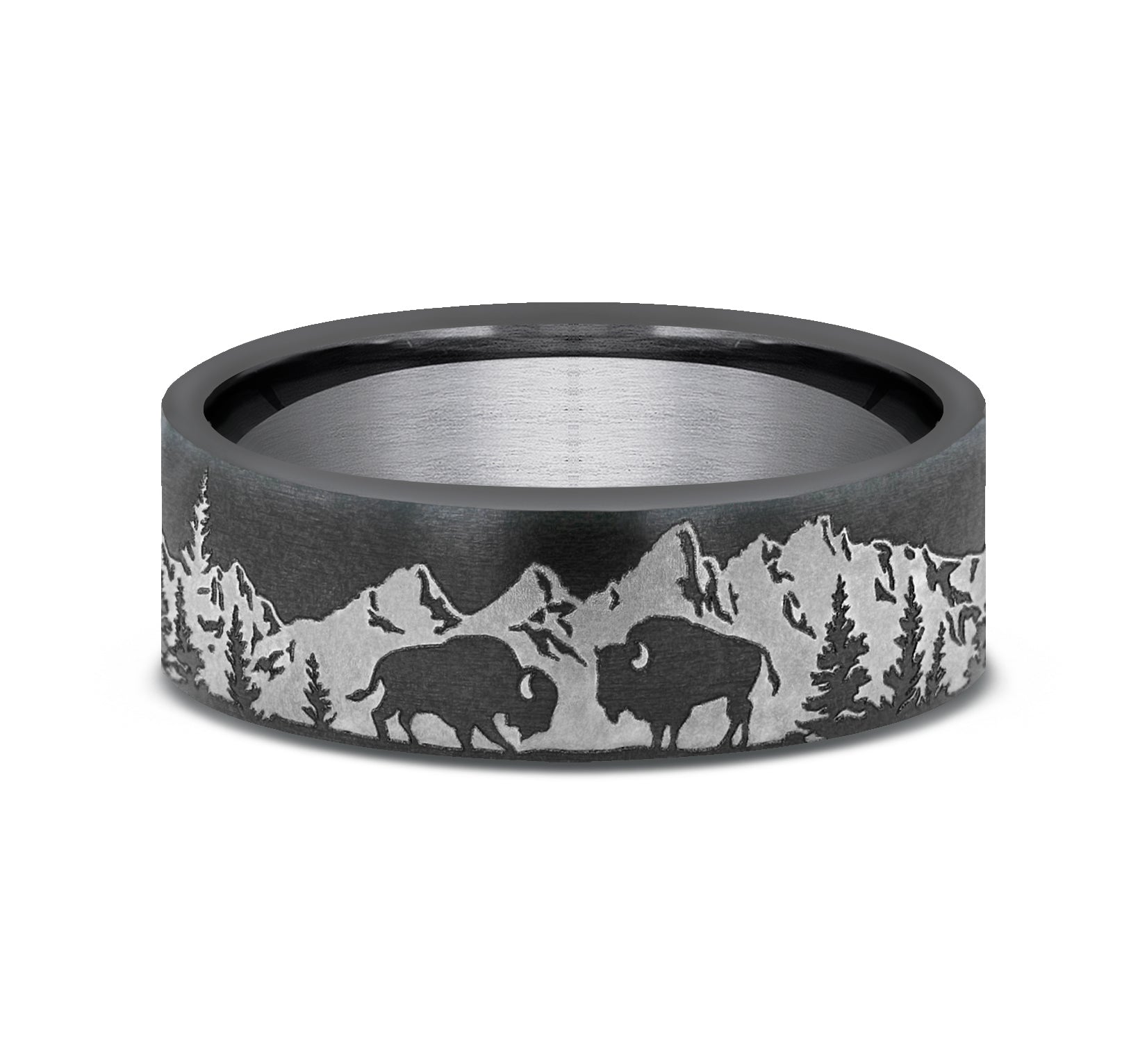 THE ROAMER 7mm, Comfort fit, Darkened Tantalum, Mountain scenic design