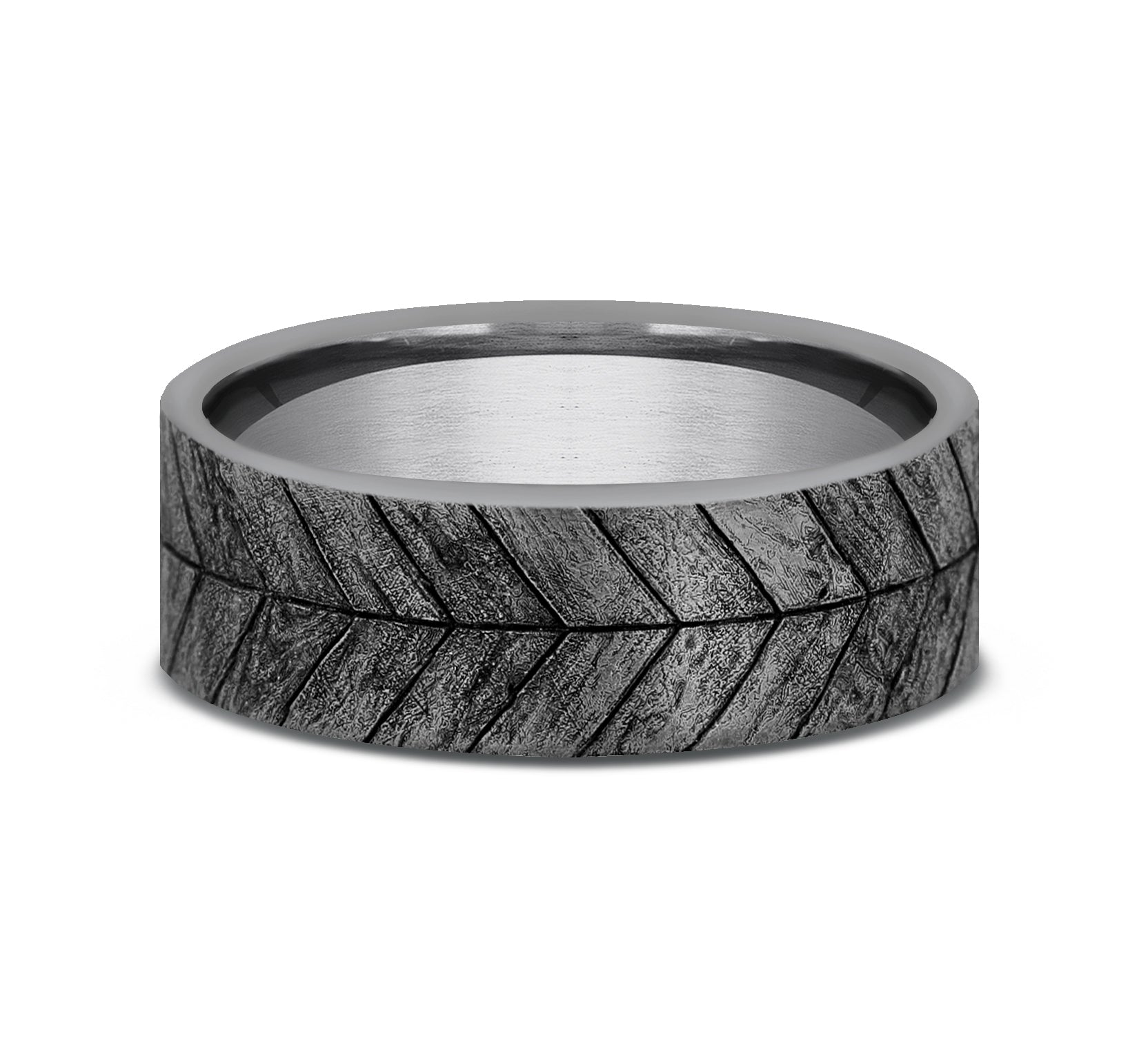 THE CHEVRON 7mm, Comfort fit, Grey Tantalum, Chevron wood pattern