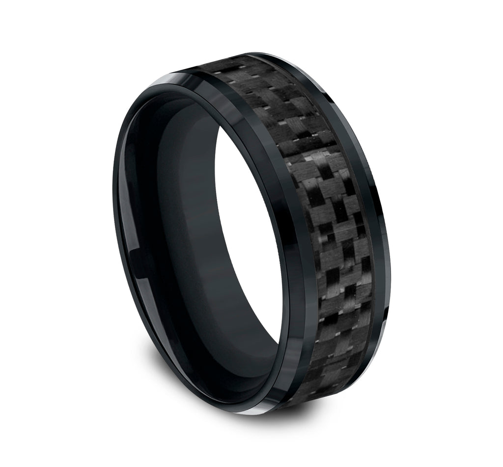 THE HAMILTON 8mm, Comfort fit, Black Cobalt and Black Carbon Fiber, Carbon Fiber center, polished bevel edges