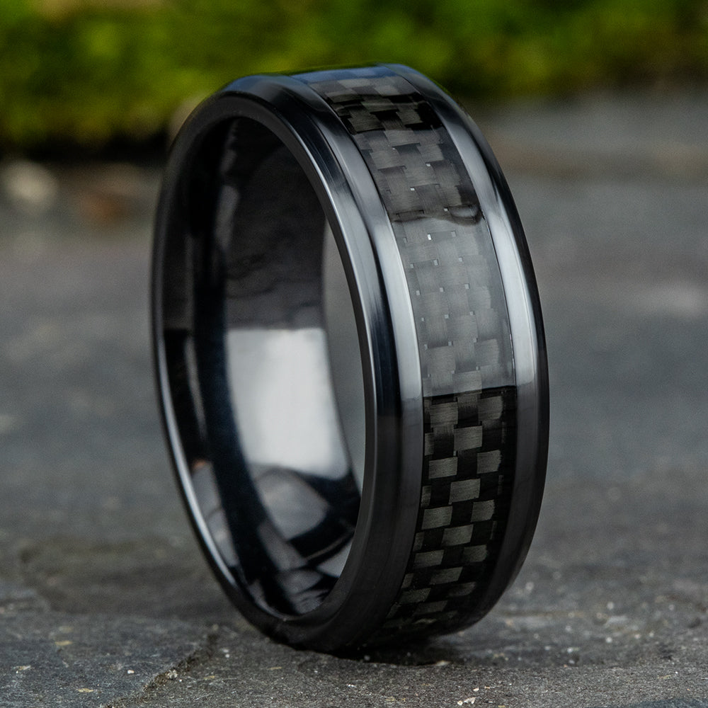 THE HAMILTON 8mm, Comfort fit, Black Cobalt and Black Carbon Fiber, Carbon Fiber center, polished bevel edges