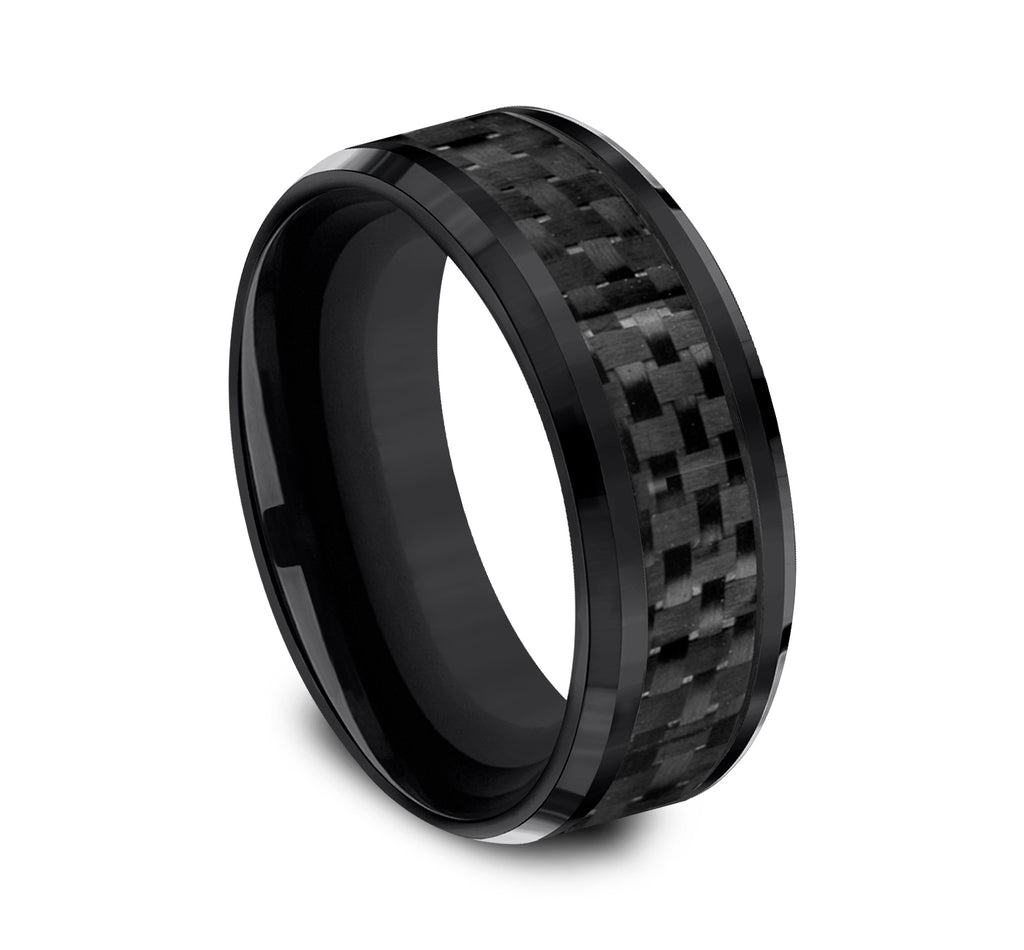 THE HAMILTON 8mm, Comfort fit, Black Titanium and Black Carbon Fiber, Carbon Fiber center, polished bevel edges