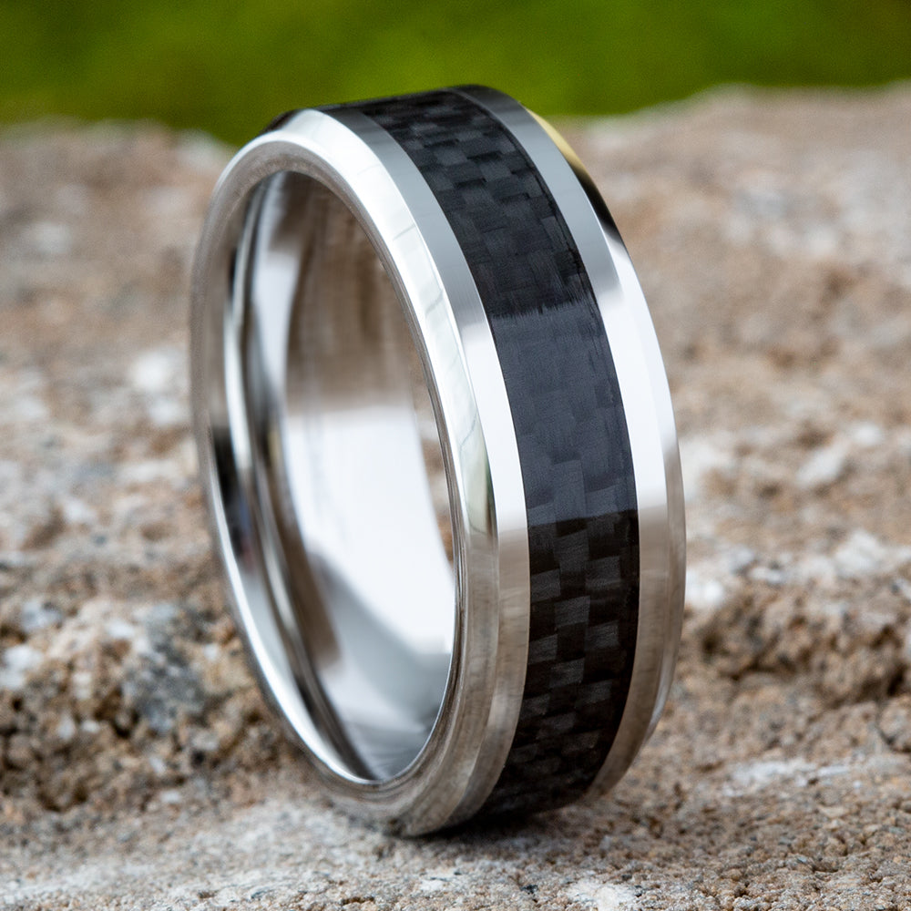 THE HAMILTON 8mm, Comfort fit, White Cobalt and Black Carbon Fiber, Carbon Fiber center, polished bevel edges