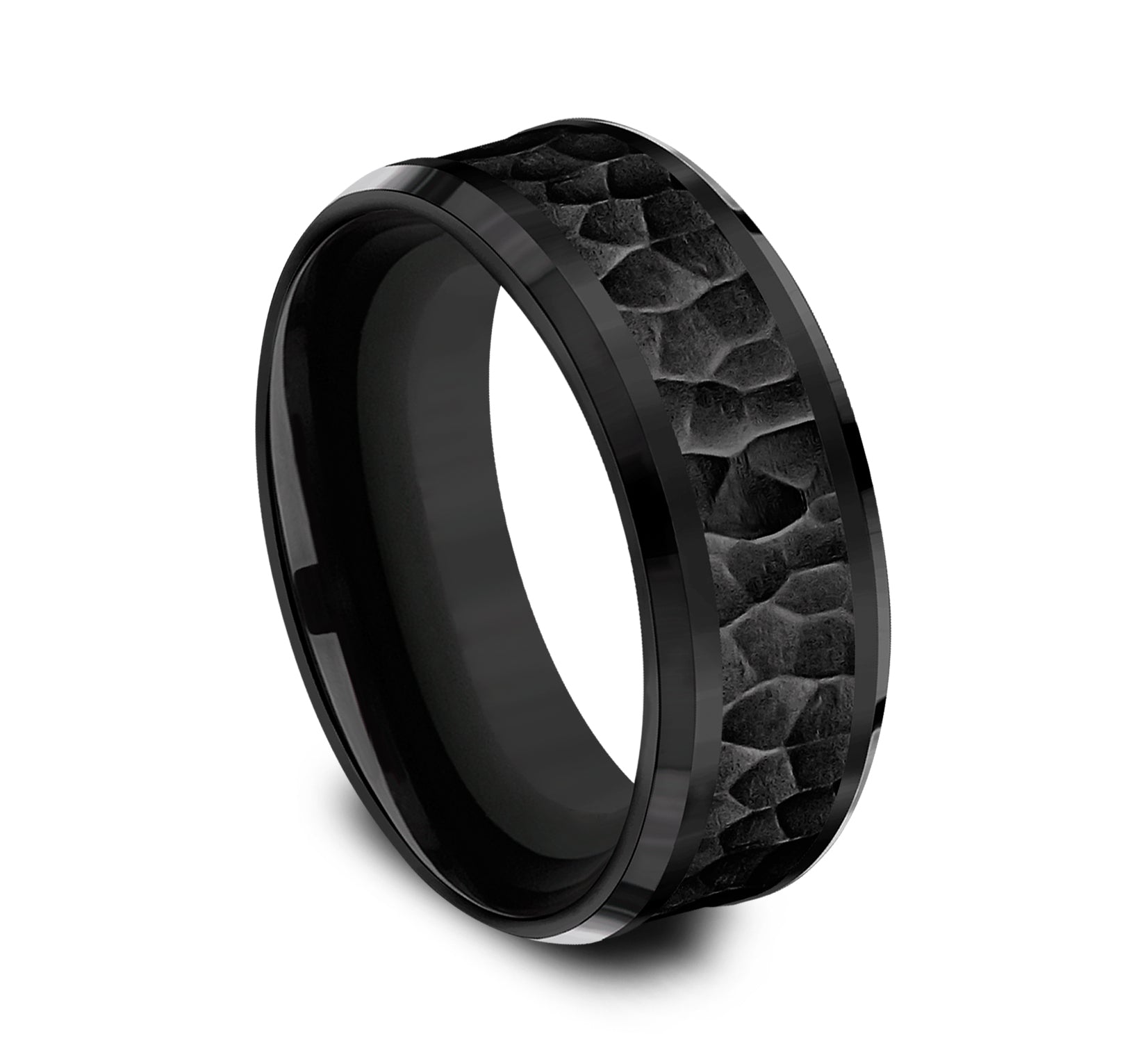 THE BORLAND 8mm, Comfort fit, Black Titanium, Hammered center, polished bevel edges