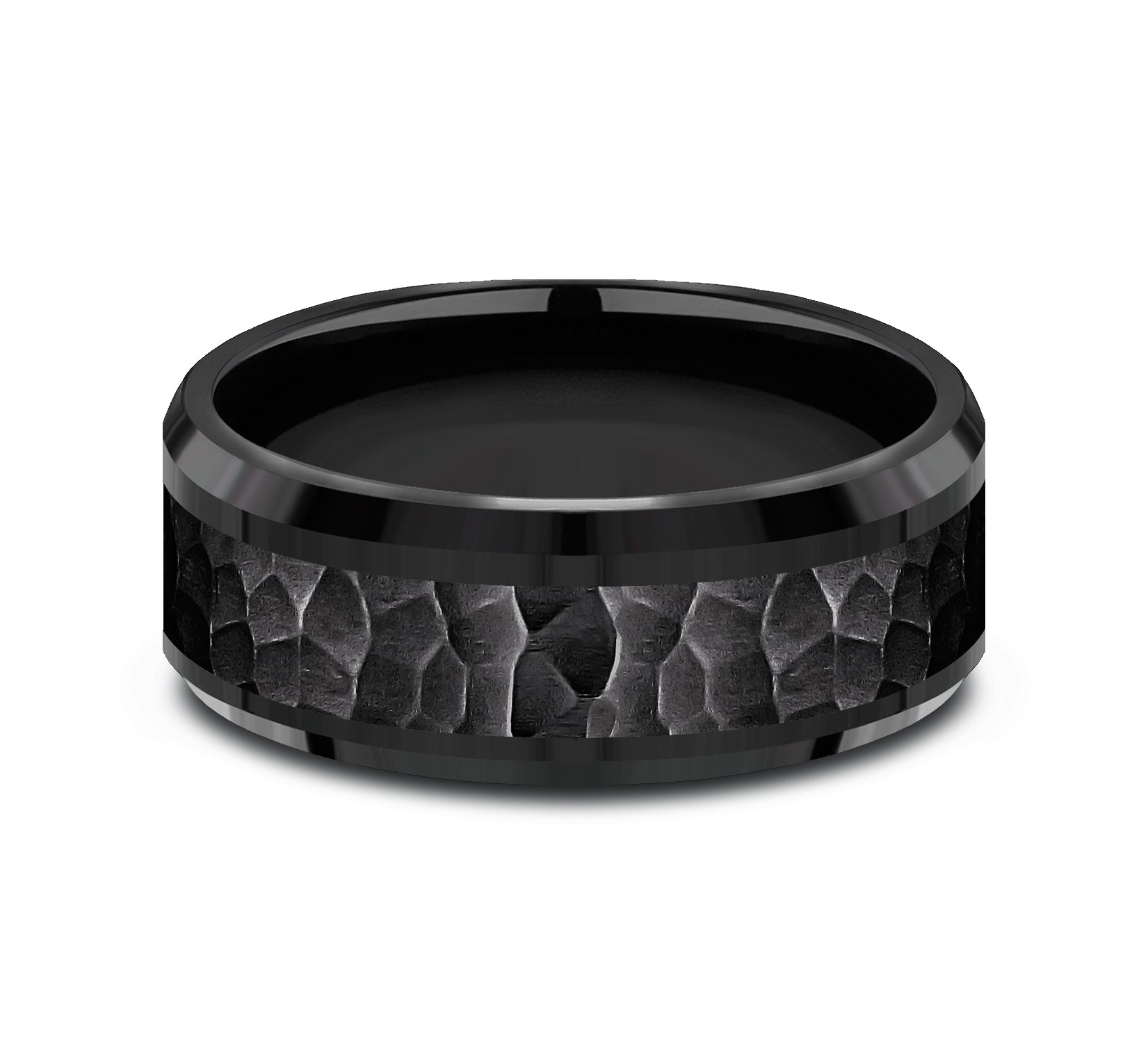 THE BORLAND 8mm, Comfort fit, Black Titanium, Hammered center, polished bevel edges