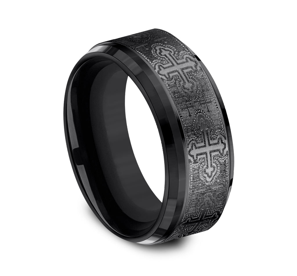THE CRUSADER 9mm, Comfort fit, Black Titanium, Cross pattern, polished bevel edges