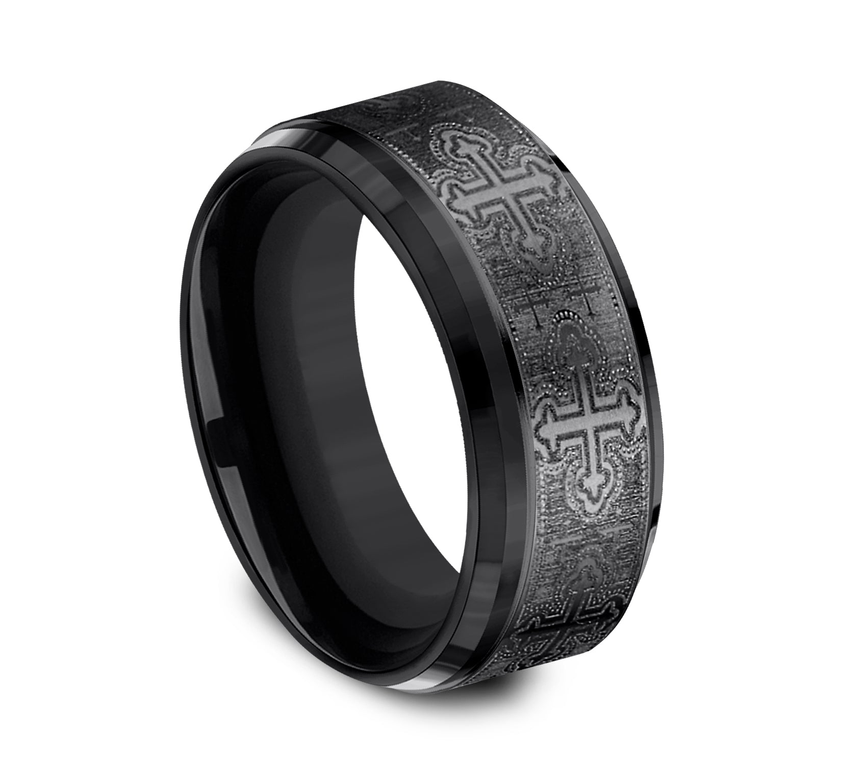 THE CRUSADER 9mm, Comfort fit, Black Titanium, Cross pattern, polished bevel edges