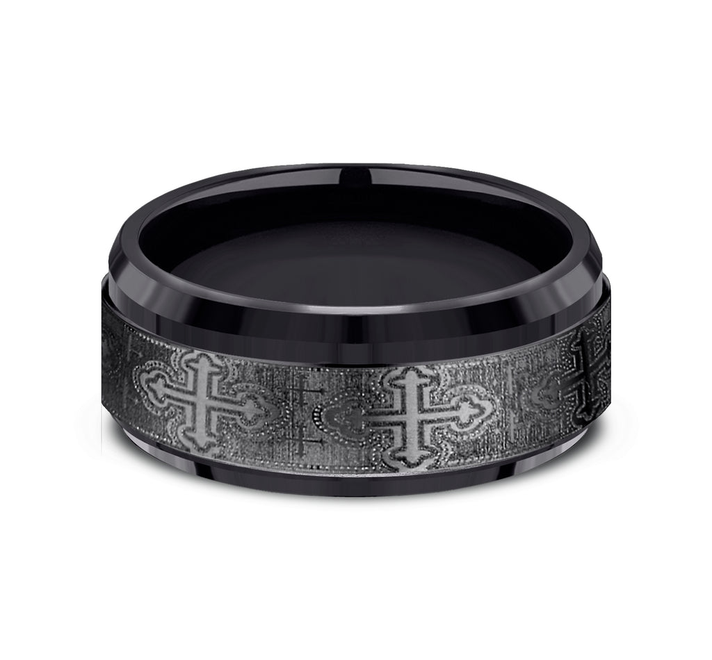THE CRUSADER 9mm, Comfort fit, Black Titanium, Cross pattern, polished bevel edges