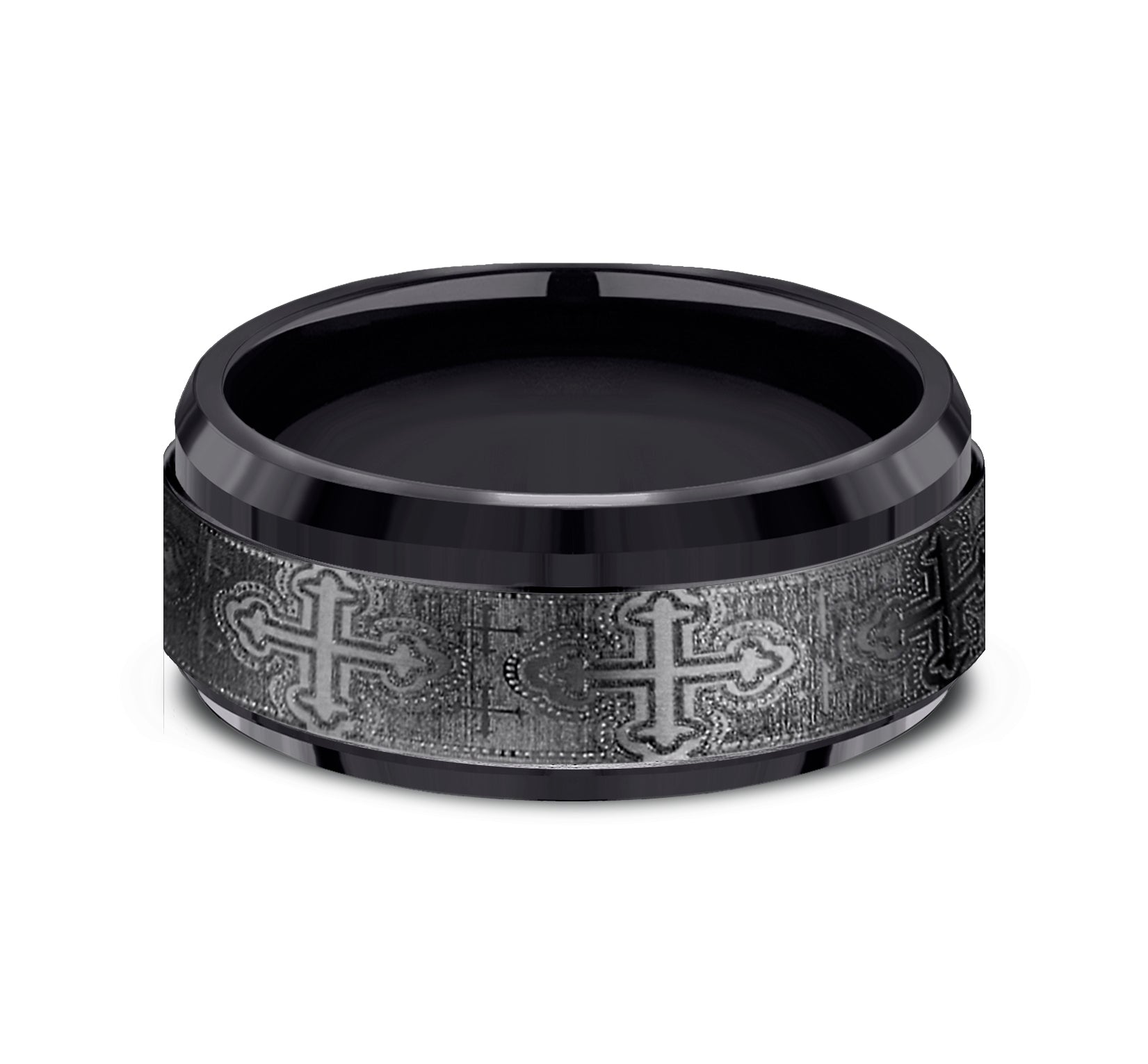 THE CRUSADER 9mm, Comfort fit, Black Titanium, Cross pattern, polished bevel edges