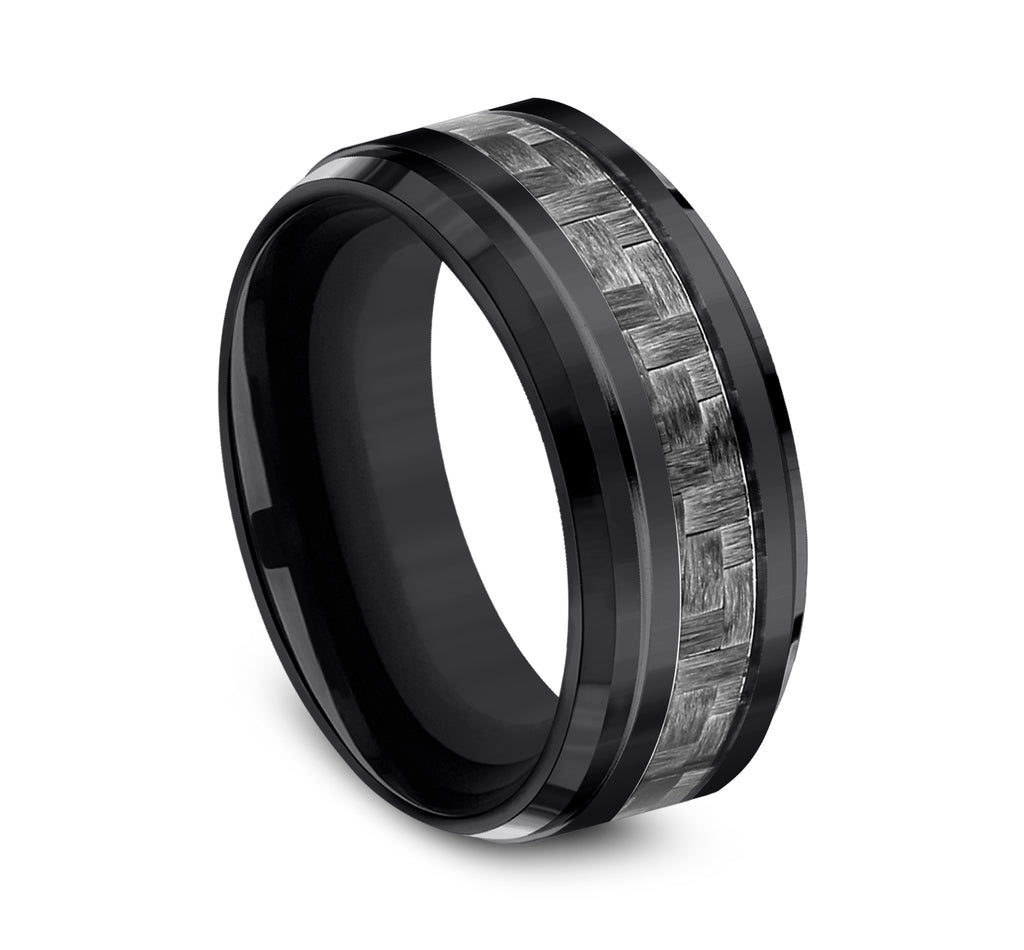 THE ANDRETTI 9mm, Comfort fit, Black Titanium and Grey Carbon Fiber, Carbon Fiber center, polished bevel edges