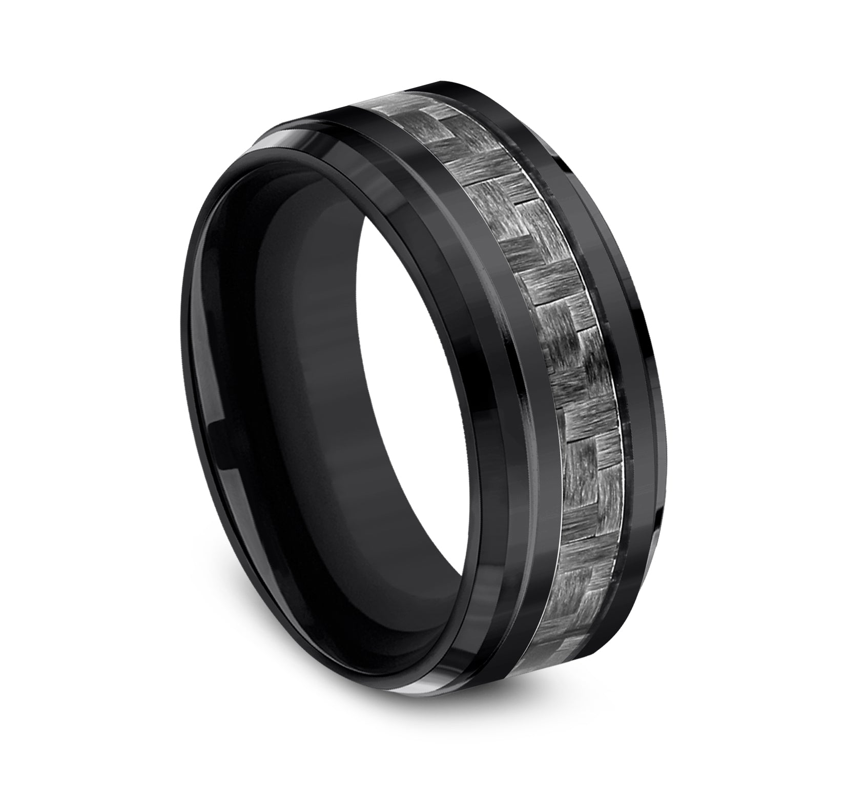 THE ANDRETTI 9mm, Comfort fit, Black Titanium and Grey Carbon Fiber, Carbon Fiber center, polished bevel edges