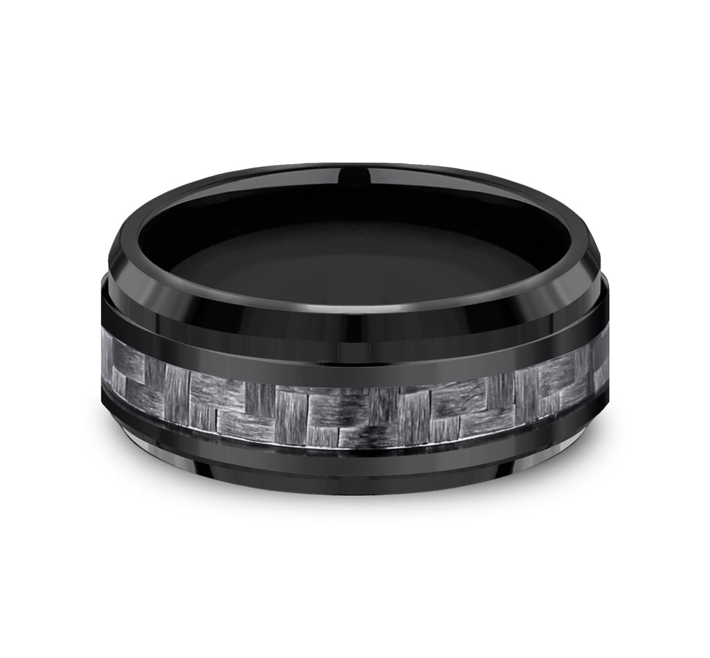 THE ANDRETTI 9mm, Comfort fit, Black Titanium and Grey Carbon Fiber, Carbon Fiber center, polished bevel edges