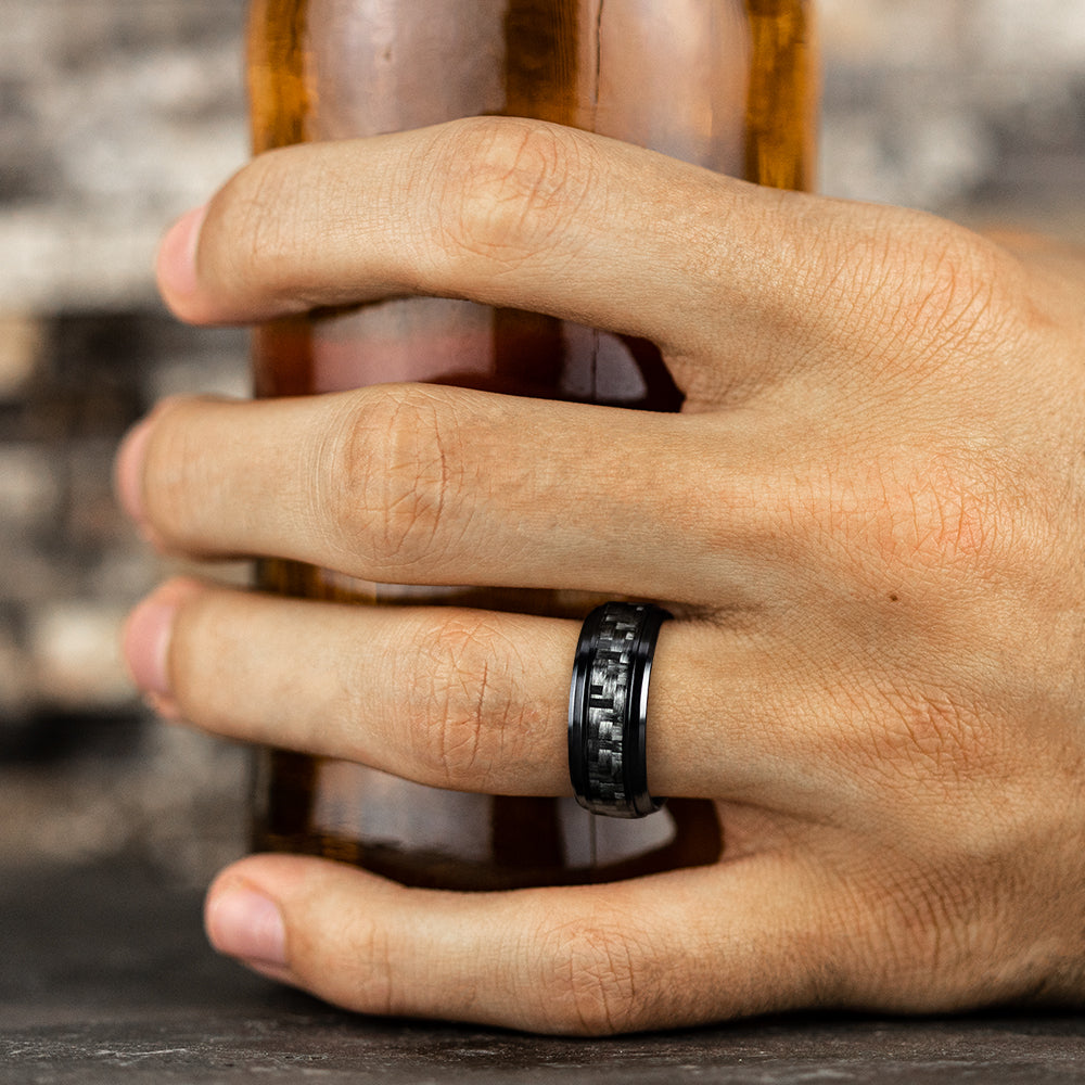THE ANDRETTI 9mm, Comfort fit, Black Titanium and Grey Carbon Fiber, Carbon Fiber center, polished bevel edges