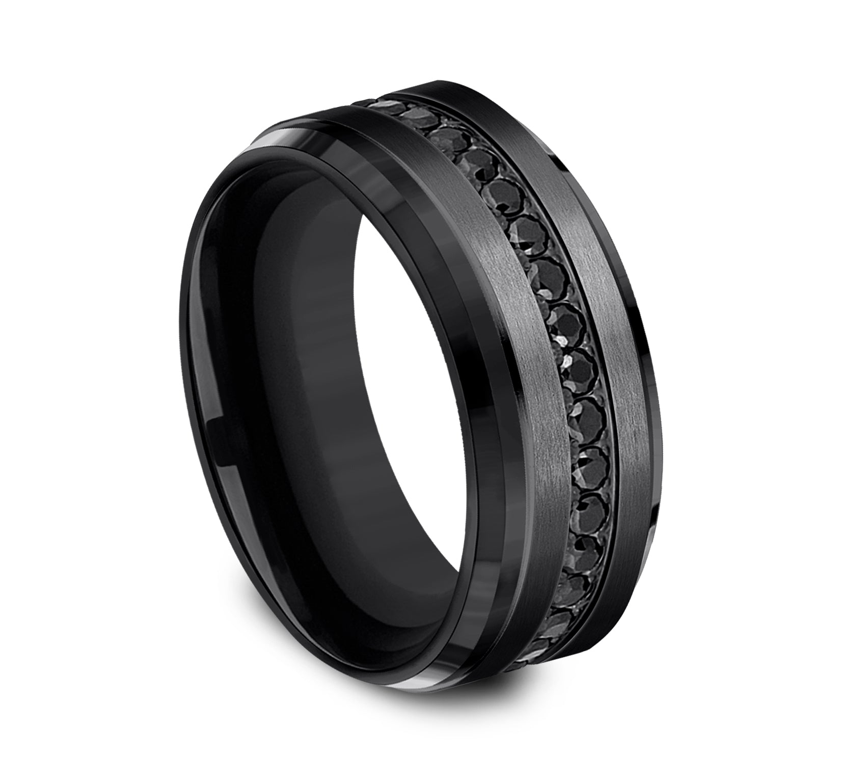 THE DEPUTY 9mm, Comfort fit eternity band, Black Titanium, Satin finish, bevel edges, Black Cubic Zirconia stones