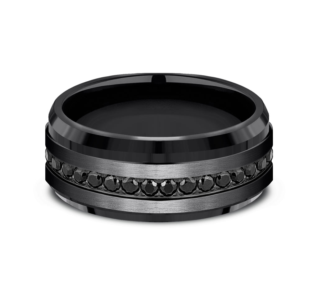 THE DEPUTY 9mm, Comfort fit eternity band, Black Titanium, Satin finish, bevel edges, Black Cubic Zirconia stones