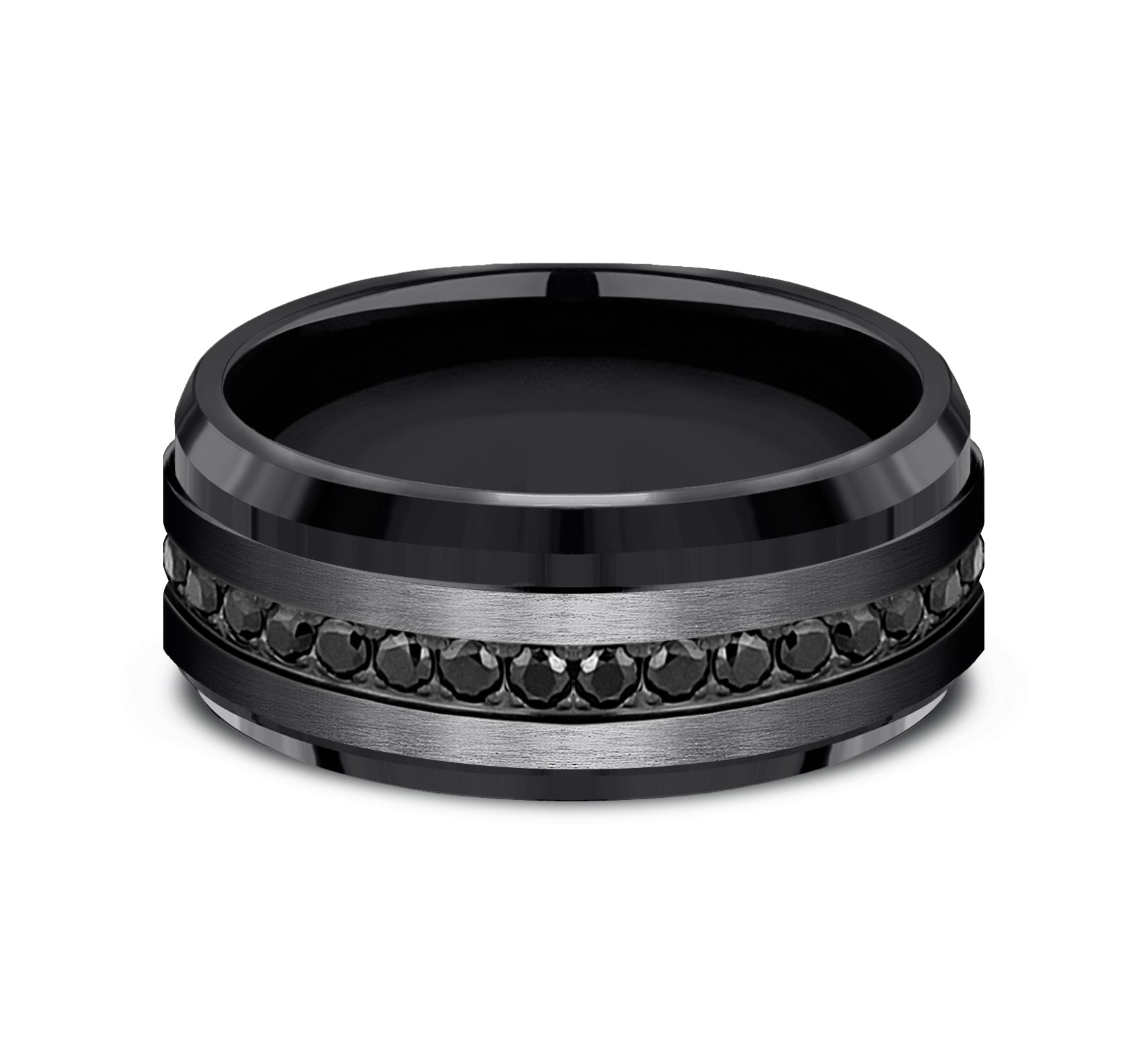 THE DEPUTY 9mm, Comfort fit eternity band, Black Titanium, Satin finish, bevel edges, Black Cubic Zirconia stones