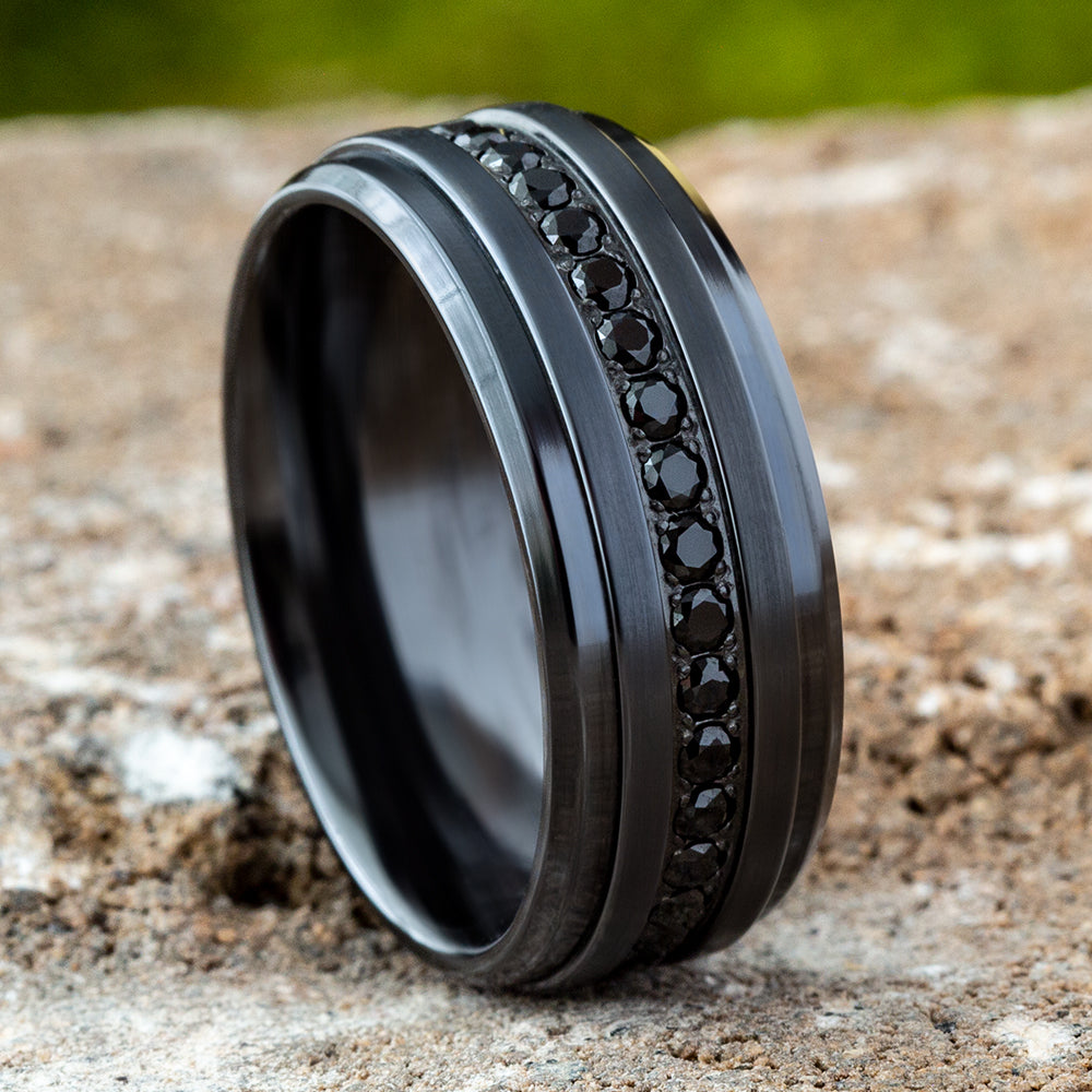 THE DEPUTY 9mm, Comfort fit eternity band, Black Titanium, Satin finish, bevel edges, Black Cubic Zirconia stones