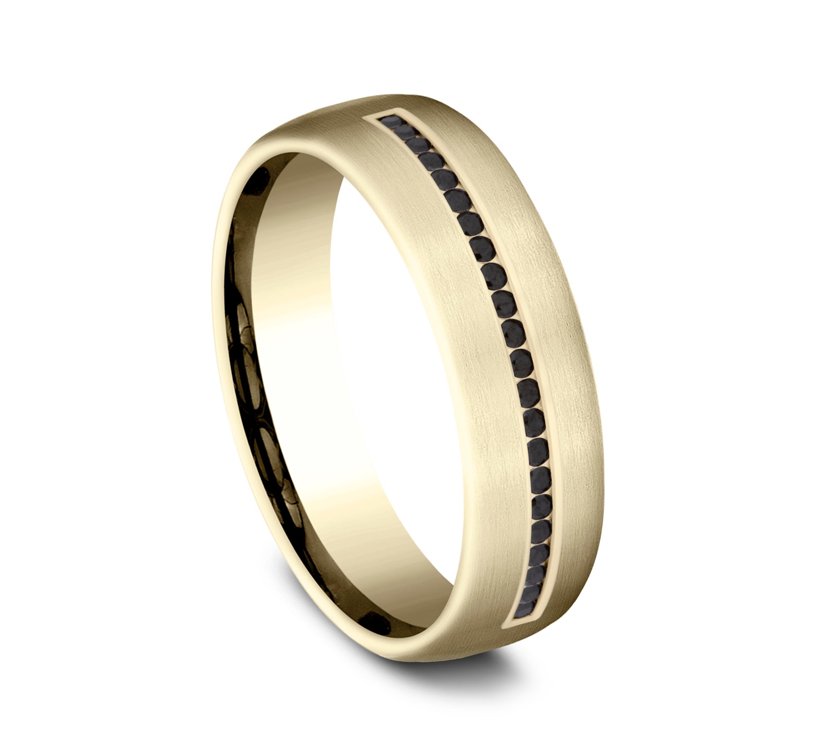 THE EDISON 6.5mm, Comfort fit, 14K Yellow Gold, Satin finish, 22 channel set black diamonds, Carat weight is .22ct