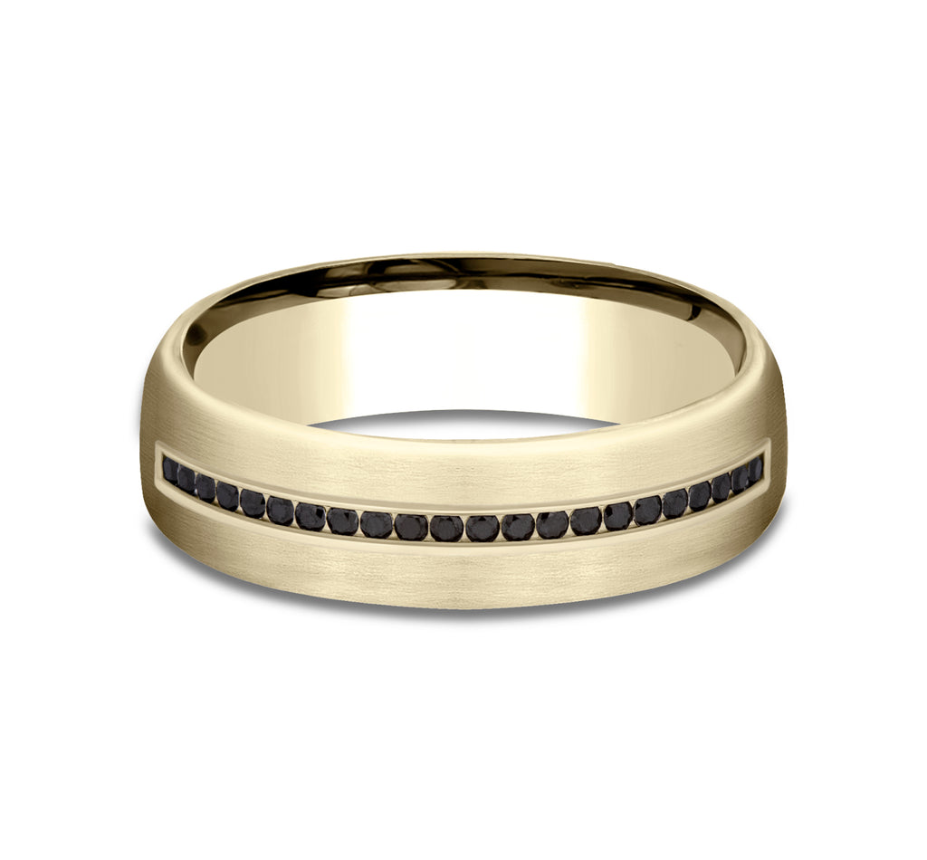 THE EDISON 6.5mm, Comfort fit, 14K Yellow Gold, Satin finish, 22 channel set black diamonds, Carat weight is .22ct