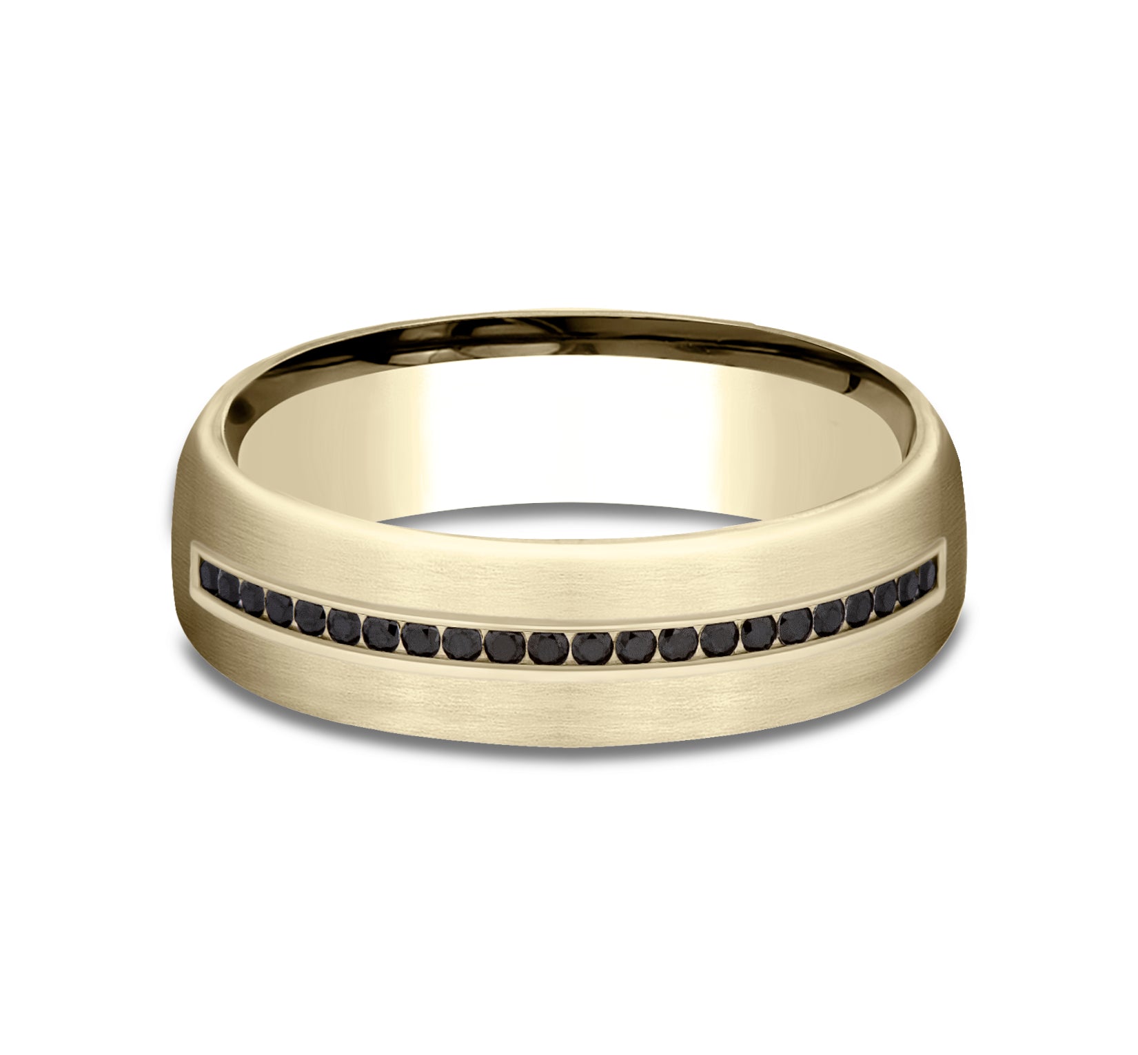 THE EDISON 6.5mm, Comfort fit, 14K Yellow Gold, Satin finish, 22 channel set black diamonds, Carat weight is .22ct