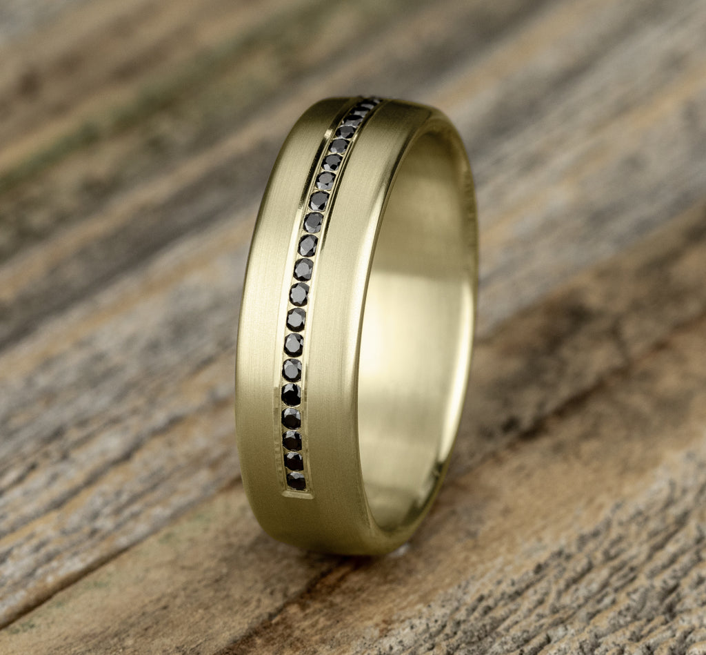 THE EDISON 6.5mm, Comfort fit, 14K Yellow Gold, Satin finish, 22 channel set black diamonds, Carat weight is .22ct