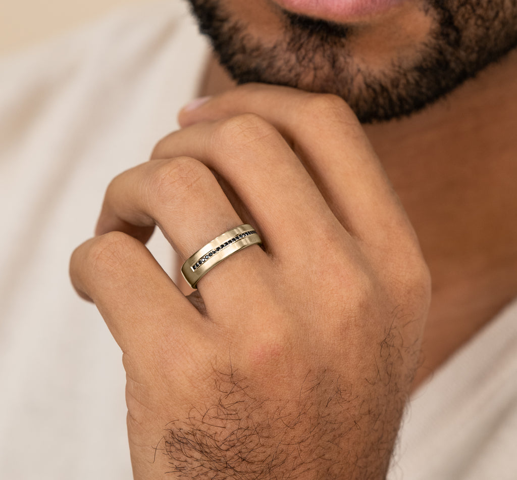 THE EDISON 6.5mm, Comfort fit, 14K Yellow Gold, Satin finish, 22 channel set black diamonds, Carat weight is .22ct