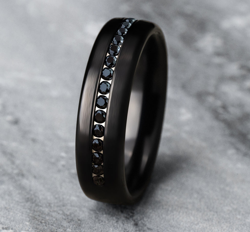THE EDISON 6.5mm, Comfort fit, Black Titanium, Satin finish, 20 channel set black diamonds, Carat weight is .40ct