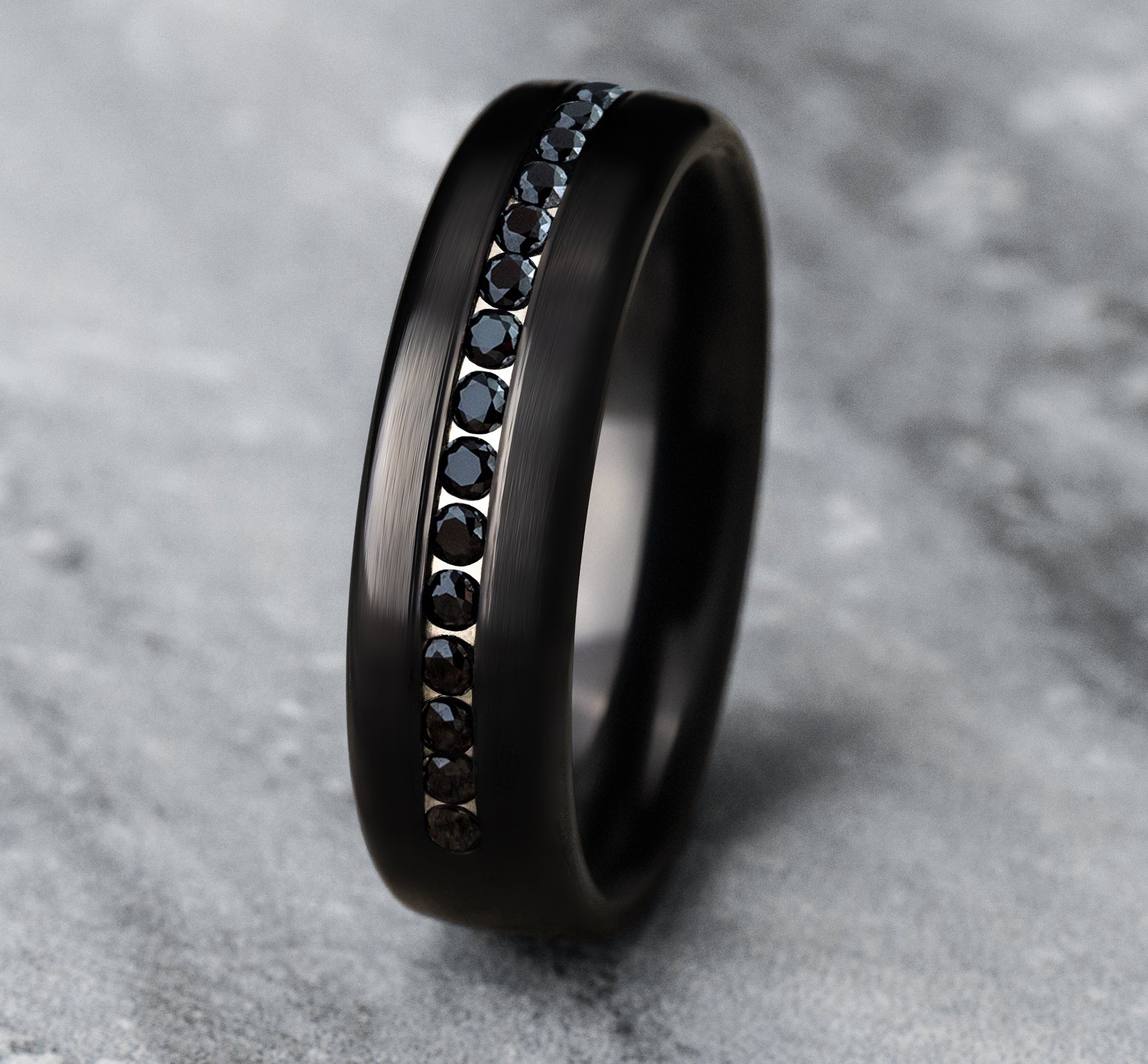 THE EDISON 6.5mm, Comfort fit, Black Titanium, Satin finish, 20 channel set black diamonds, Carat weight is .40ct