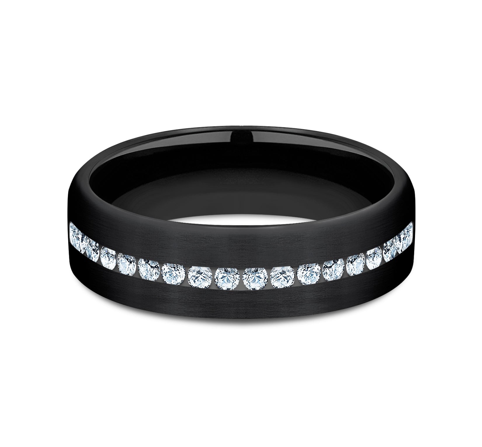THE ABE 6.5mm, Comfort fit, Black Titanium, Satin finish, 20 channel set diamonds, Carat weight is .40ct, Clarity SI1-2, Color GH