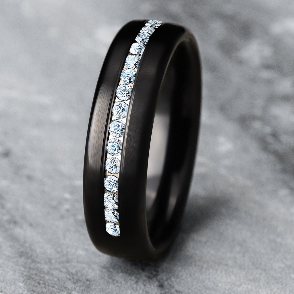 THE LINCOLN 6.5mm, Comfort fit, Black Titanium, Satin finish, 20 channel set lab grown diamonds, Carat weight is .40ct, Clarity SI1-2, Color GH