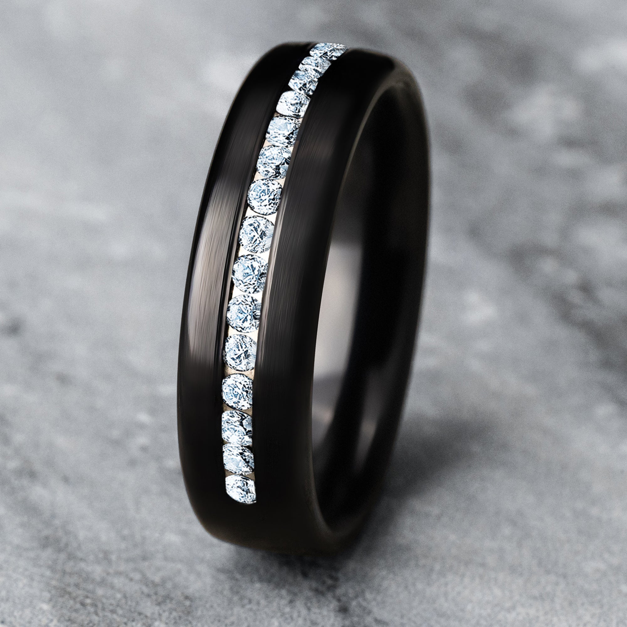 THE LINCOLN 6.5mm, Comfort fit, Black Titanium, Satin finish, 20 channel set lab grown diamonds, Carat weight is .40ct, Clarity SI1-2, Color GH
