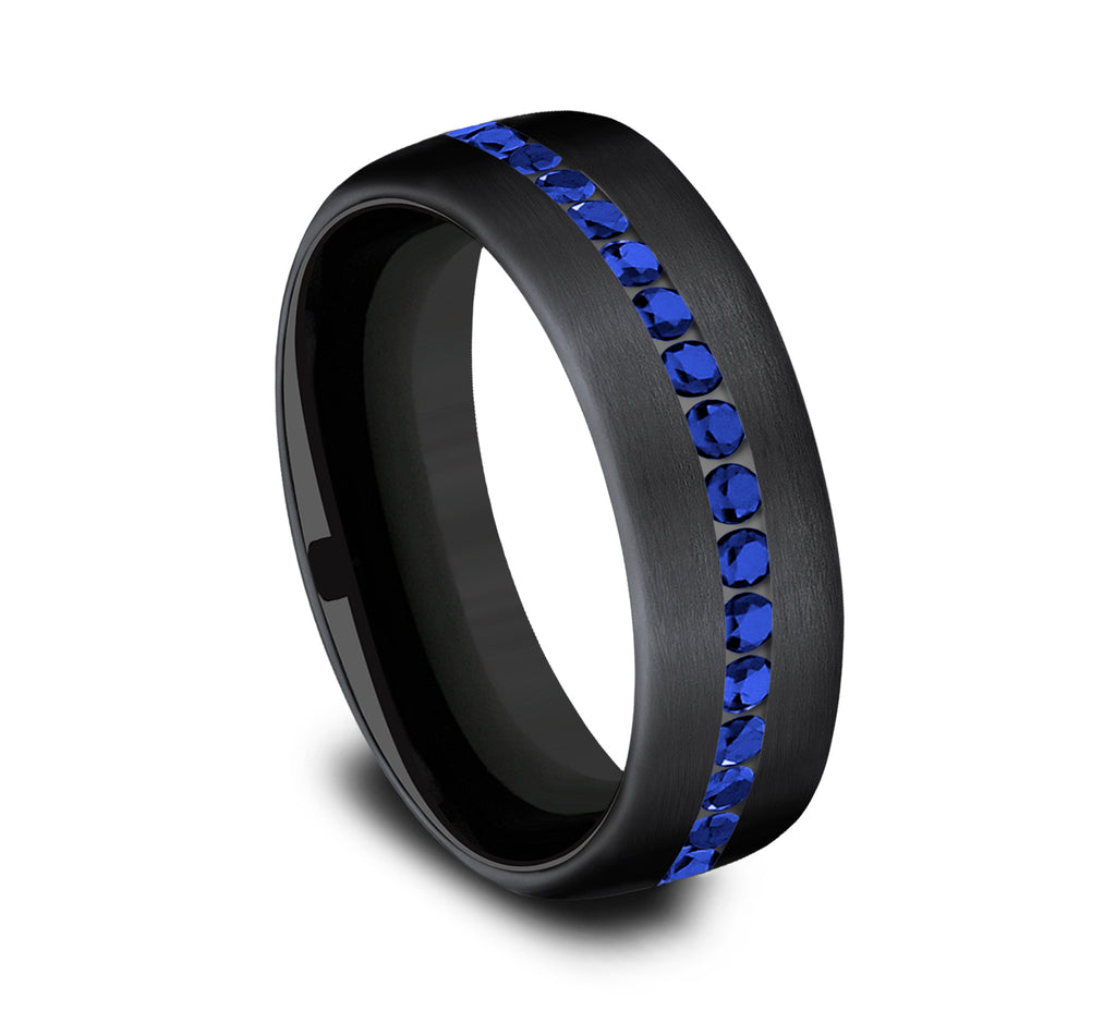 THE VISCOUNT 6.5mm, Comfort fit, Black Titanium, Satin finish, 20 channel set blue sapphires, Carat weight is .40ct