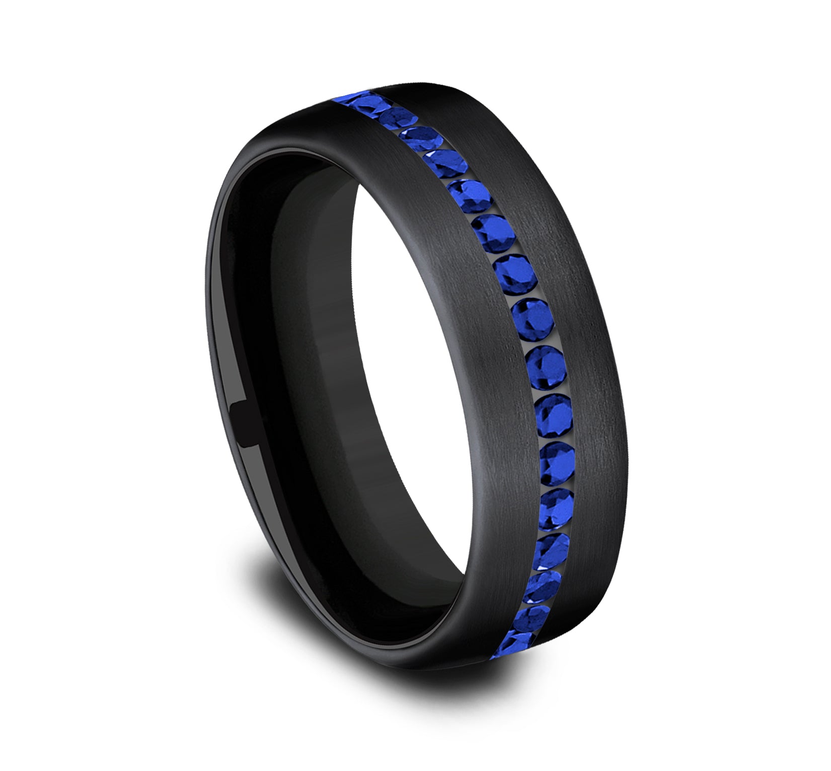 THE VISCOUNT 6.5mm, Comfort fit, Black Titanium, Satin finish, 20 channel set blue sapphires, Carat weight is .40ct