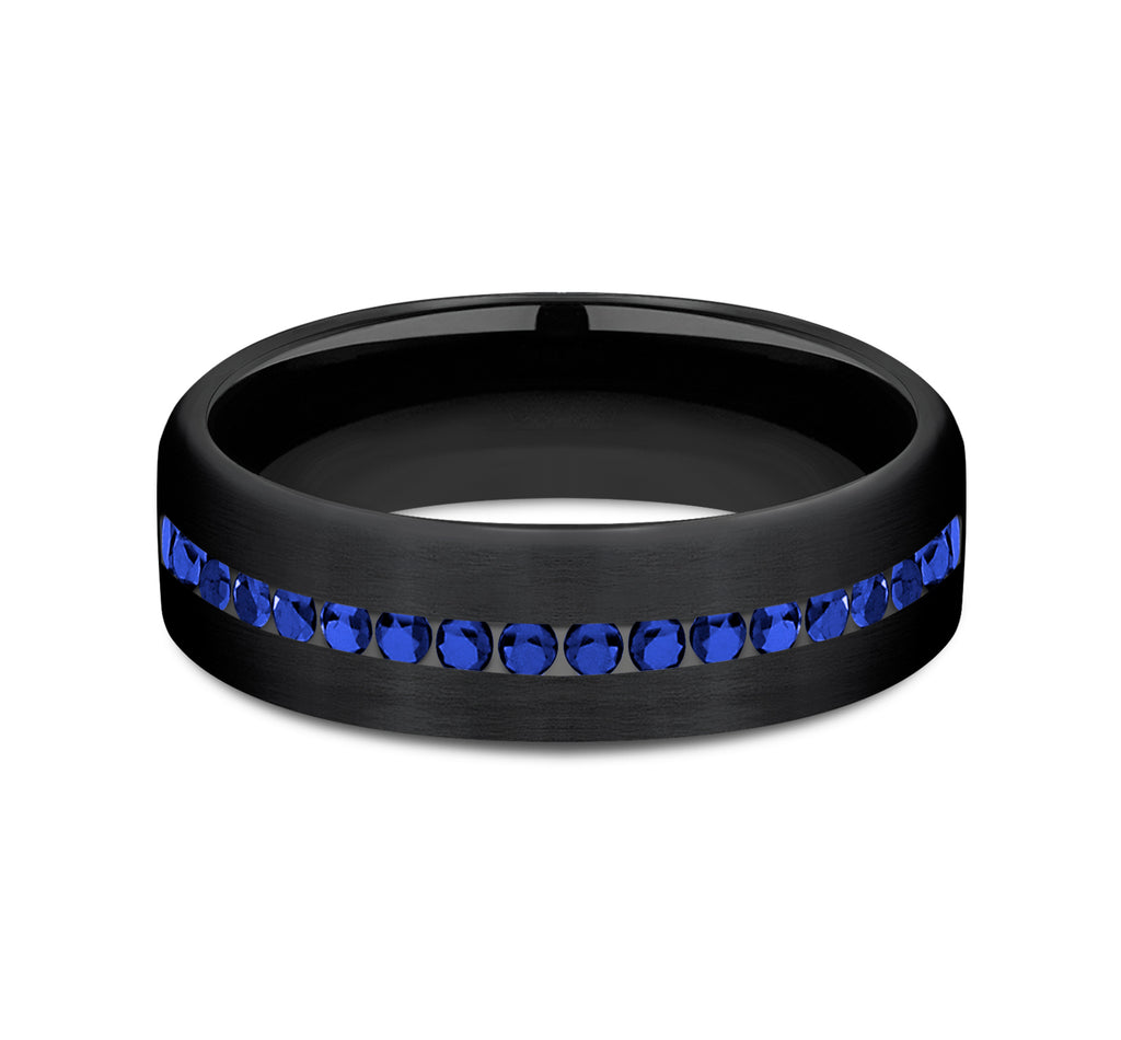 THE VISCOUNT 6.5mm, Comfort fit, Black Titanium, Satin finish, 20 channel set blue sapphires, Carat weight is .40ct