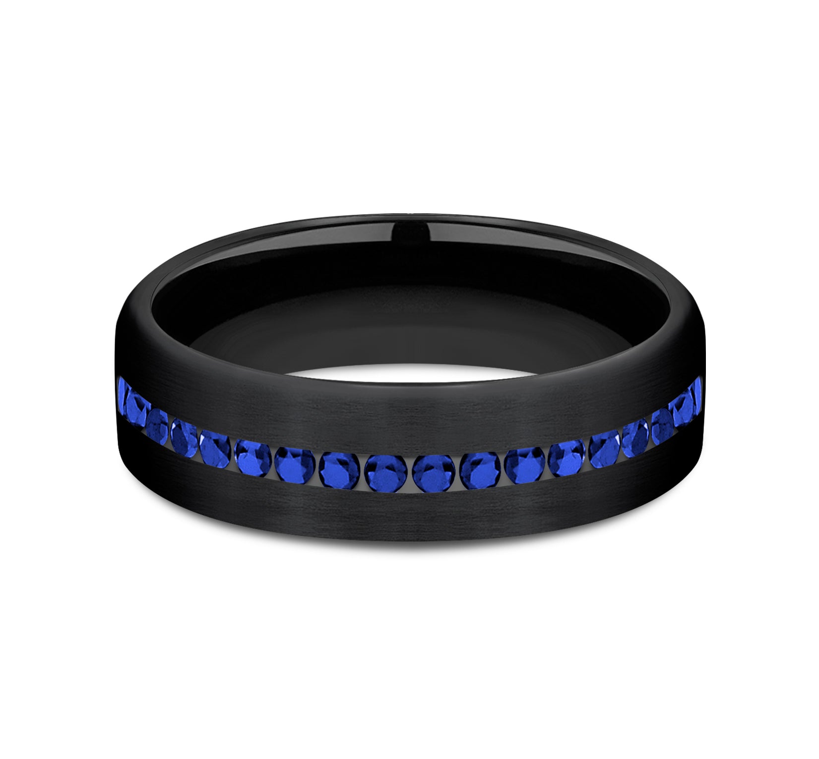 THE VISCOUNT 6.5mm, Comfort fit, Black Titanium, Satin finish, 20 channel set blue sapphires, Carat weight is .40ct