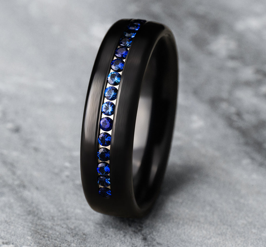 THE VISCOUNT 6.5mm, Comfort fit, Black Titanium, Satin finish, 20 channel set blue sapphires, Carat weight is .40ct