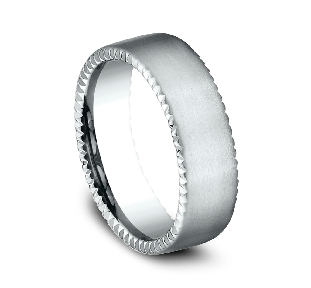 THE SOVEREIGN 7.5mm, Comfort fit, 14K White Gold, Satin finish, rivet coin edge cuts