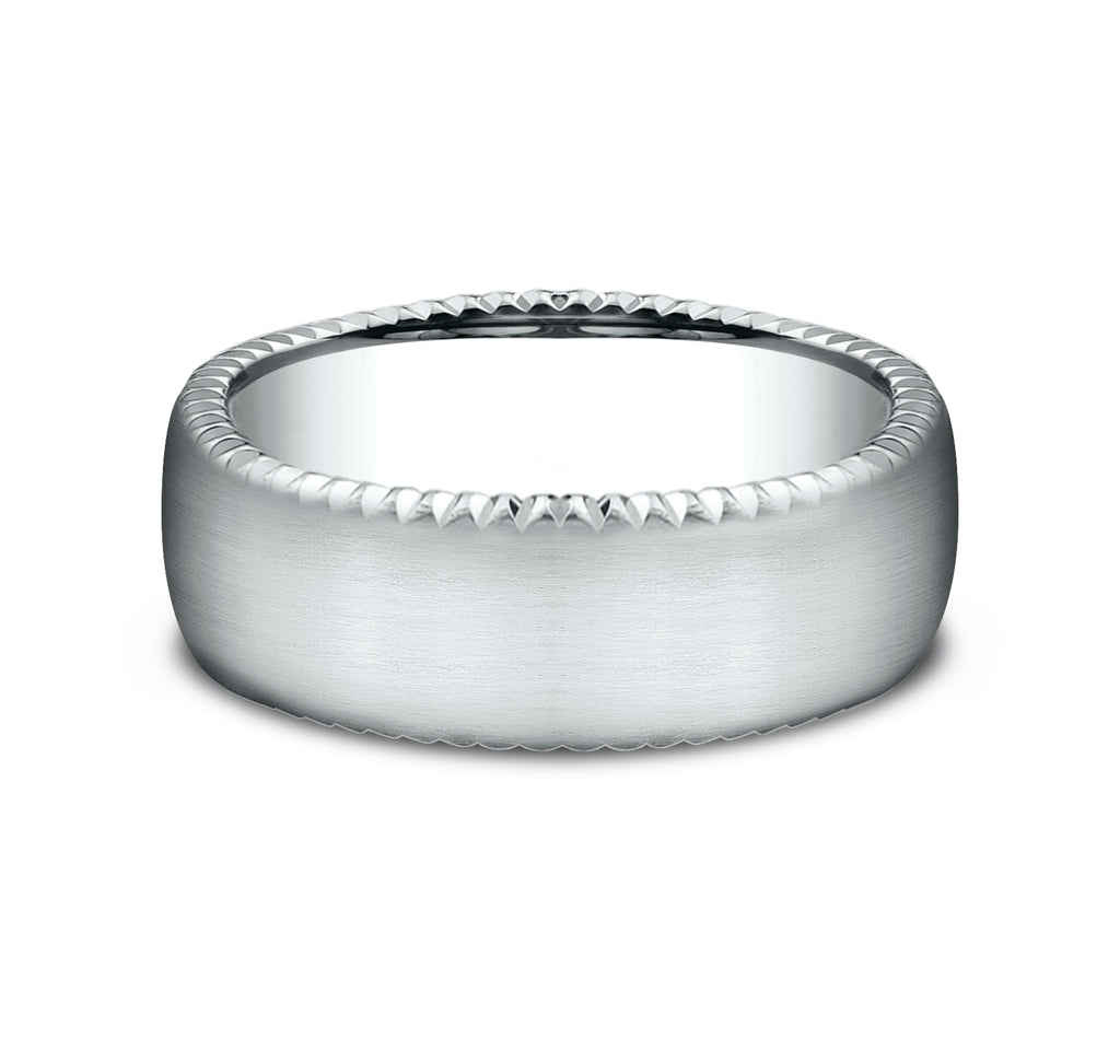 THE SOVEREIGN 7.5mm, Comfort fit, 14K White Gold, Satin finish, rivet coin edge cuts