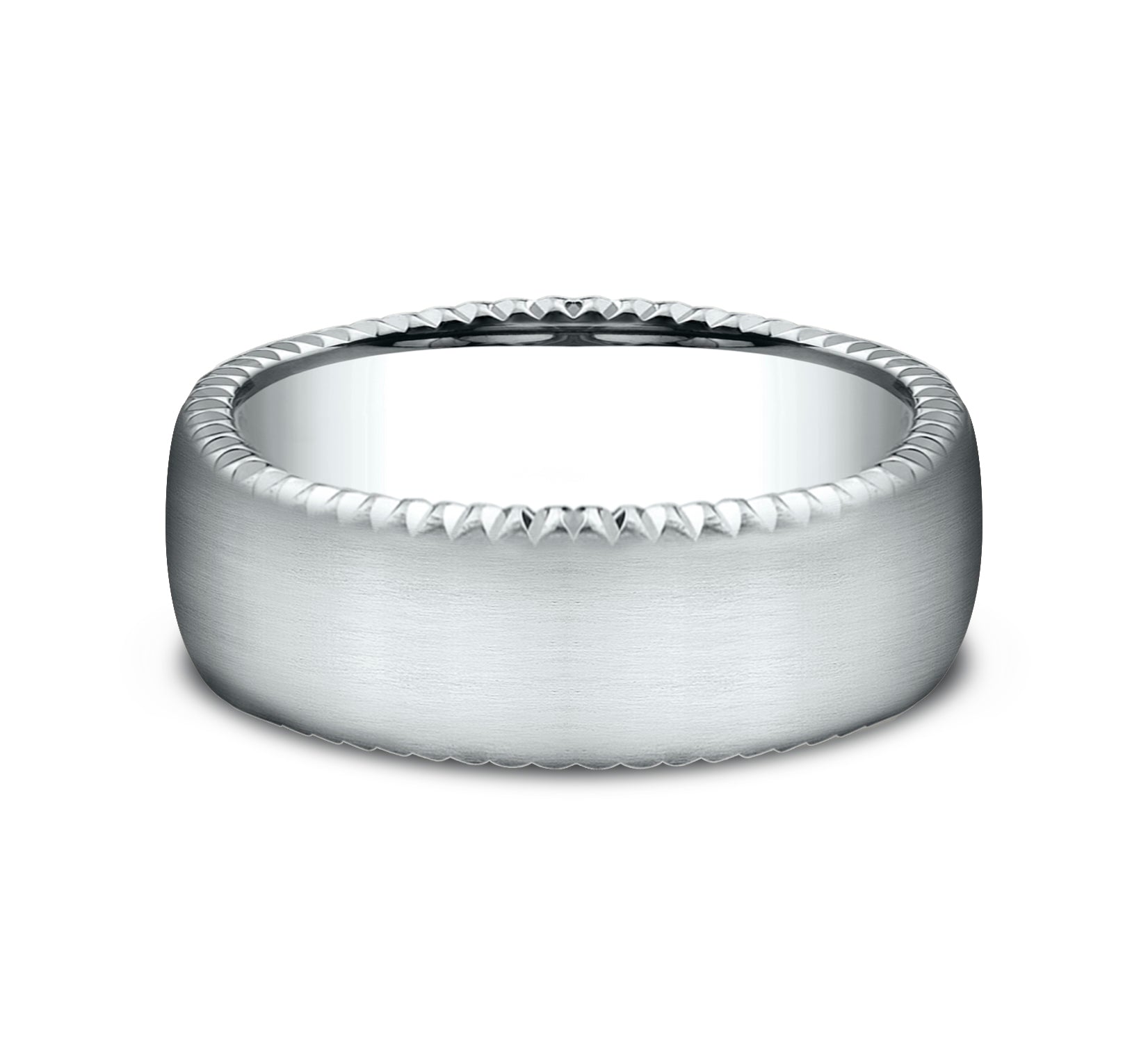 THE SOVEREIGN 7.5mm, Comfort fit, 14K White Gold, Satin finish, rivet coin edge cuts