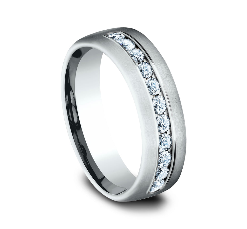 THE MOZART 7.5mm, Comfort fit, 14K White Gold, Satin finish, 11 channel set diamonds, Carat weight is .66ct, Clarity SI1-2, Color GH
