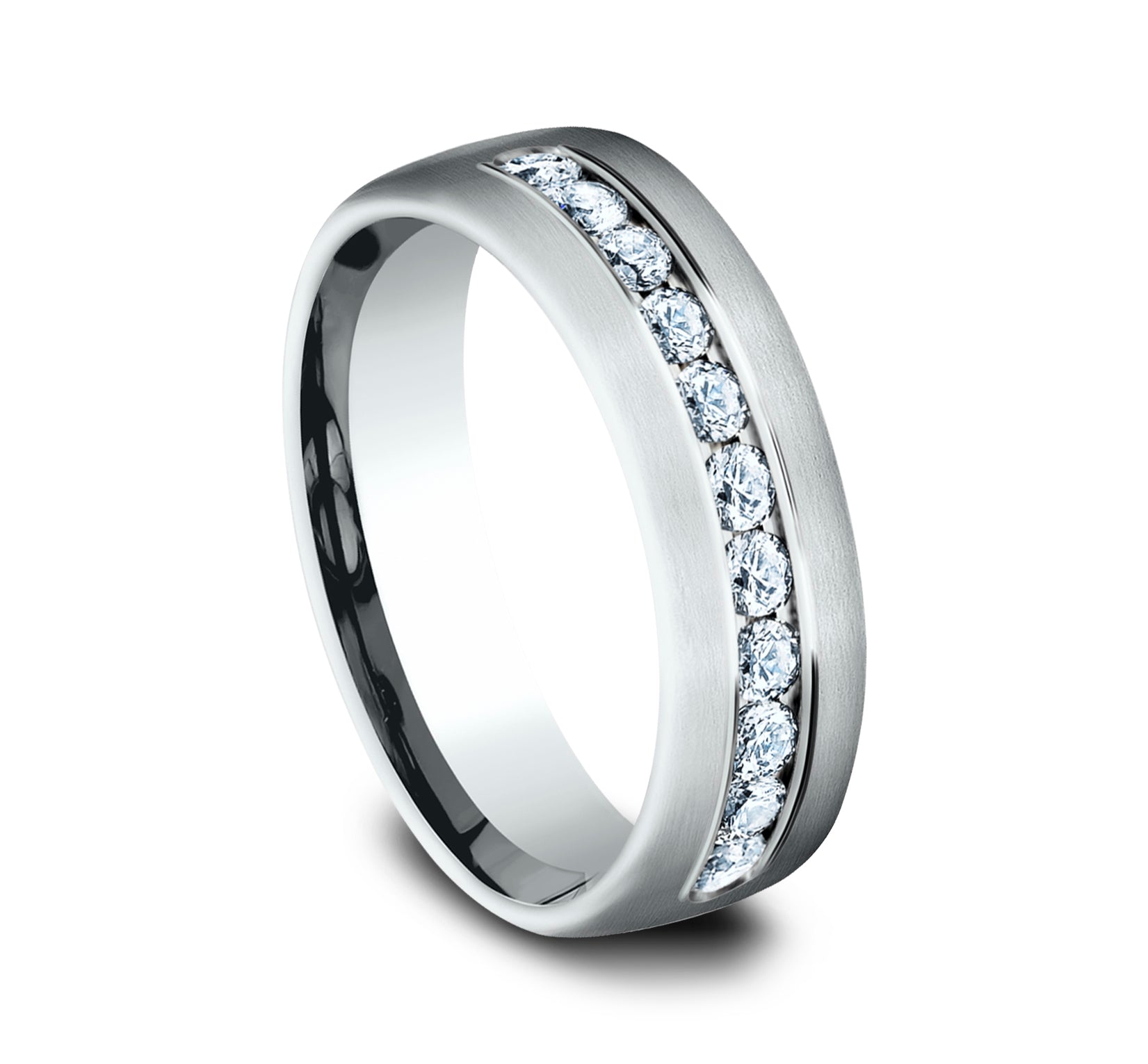 THE MOZART 7.5mm, Comfort fit, 14K White Gold, Satin finish, 11 channel set diamonds, Carat weight is .66ct, Clarity SI1-2, Color GH