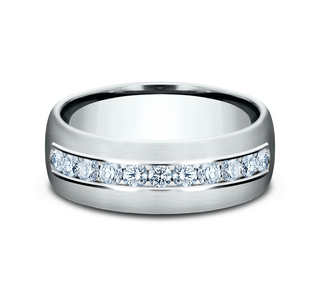 THE MOZART 7.5mm, Comfort fit, 14K White Gold, Satin finish, 11 channel set diamonds, Carat weight is .66ct, Clarity SI1-2, Color GH