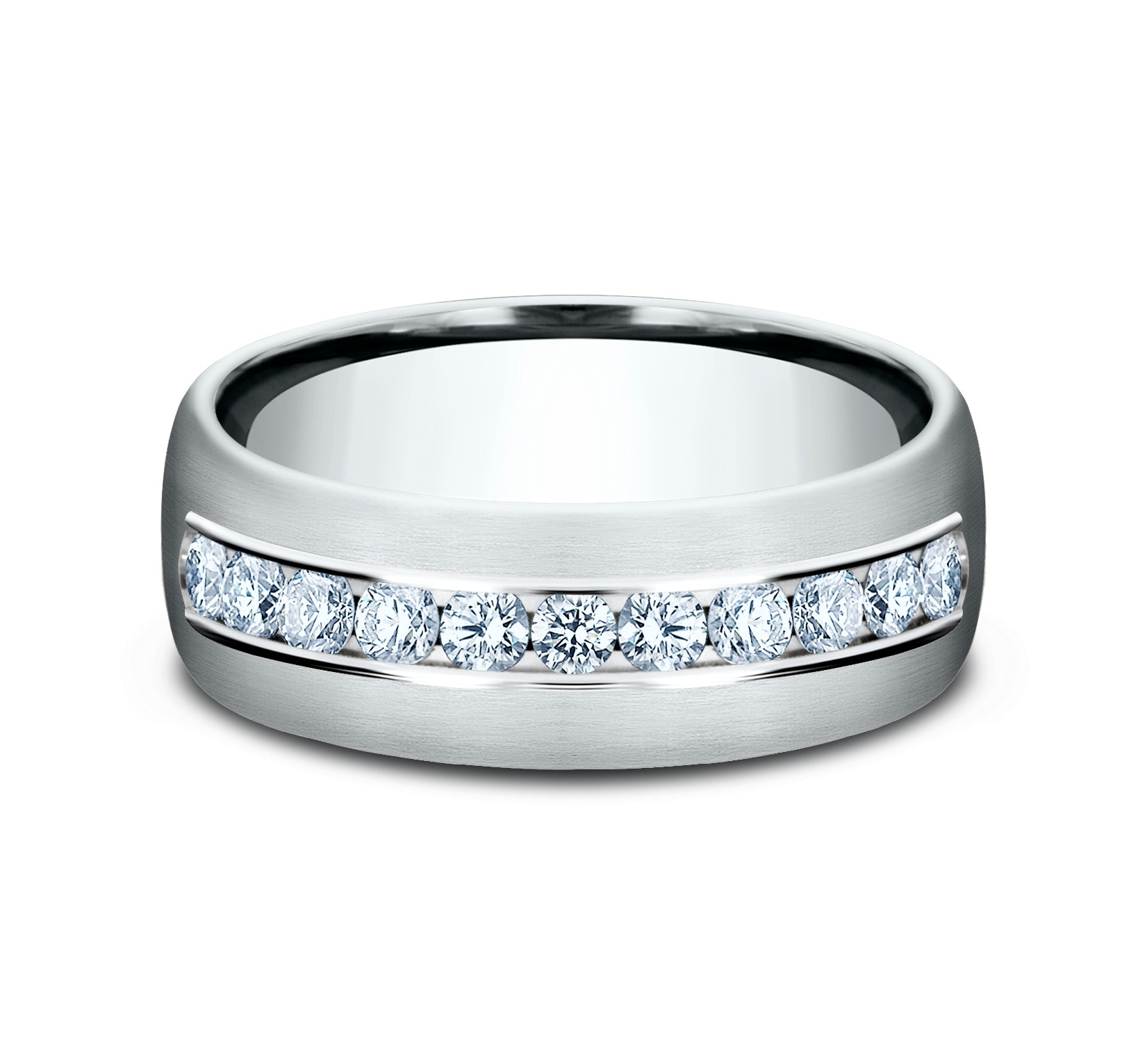 THE MOZART 7.5mm, Comfort fit, 14K White Gold, Satin finish, 11 channel set diamonds, Carat weight is .66ct, Clarity SI1-2, Color GH